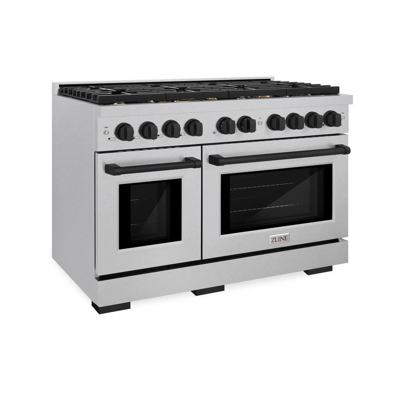 ZLINE Autograph Edition 48-Inch 6.7 cu. ft. Paramount Double Oven Dual Fuel Range with 8 Burner Gas Cooktop in DuraSnow Stainless Steel and Matte Black Accents (SDRSZ-48-MB)