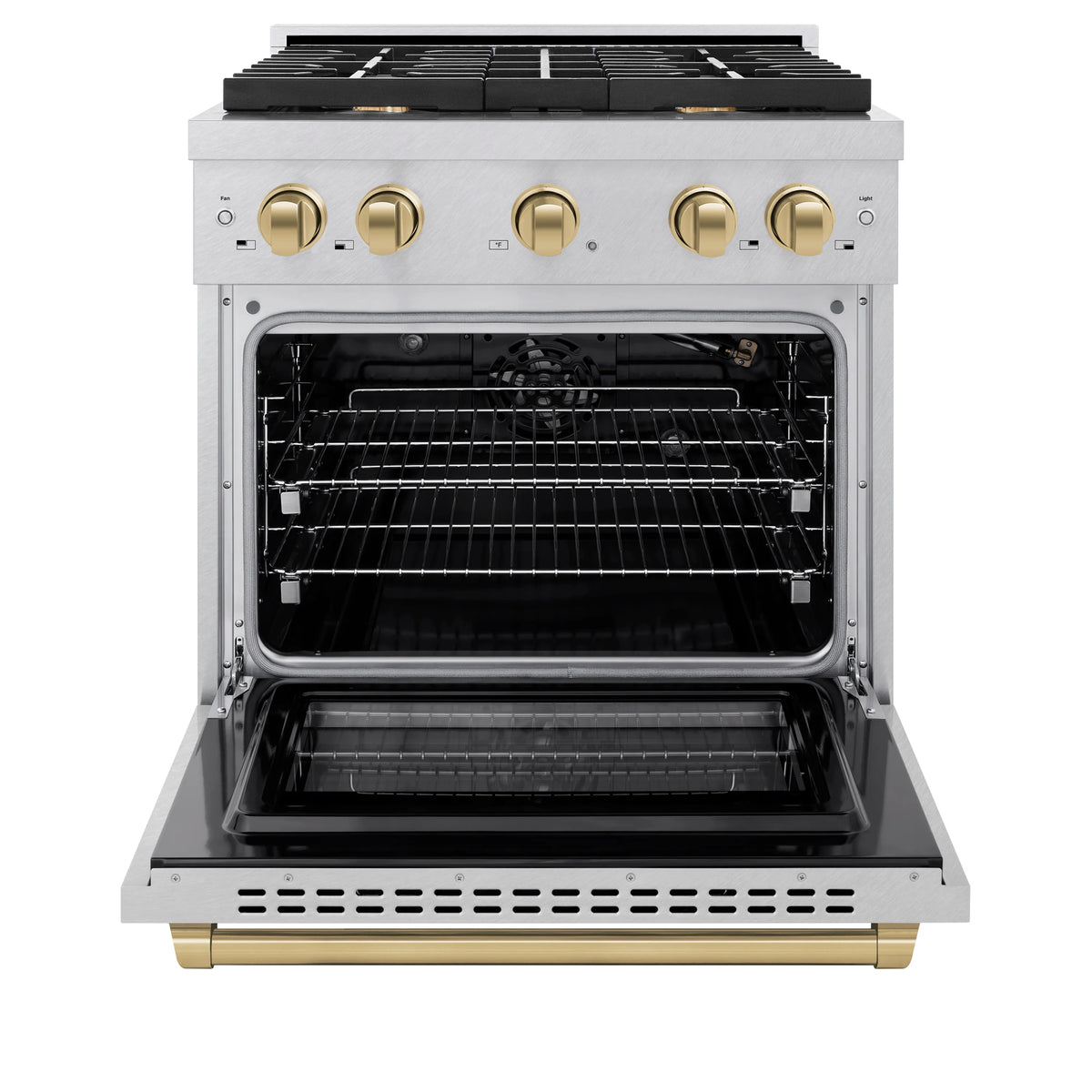 Stainless gas range with open oven door, black racks, and champagne bronze front controls