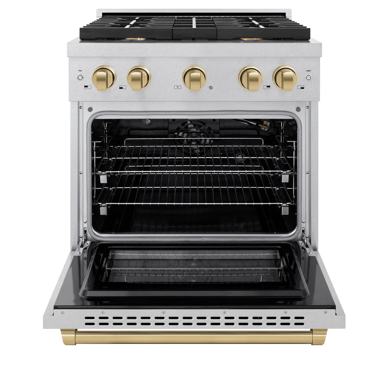 ZLINE Autograph Edition 30-Inch 4.2 cu. ft. Paramount Gas Range with 4 Burner Cooktop and Convection Gas Oven in DuraSnow Stainless Steel and Champagne Bronze Accents (SGRSZ-30-CB)