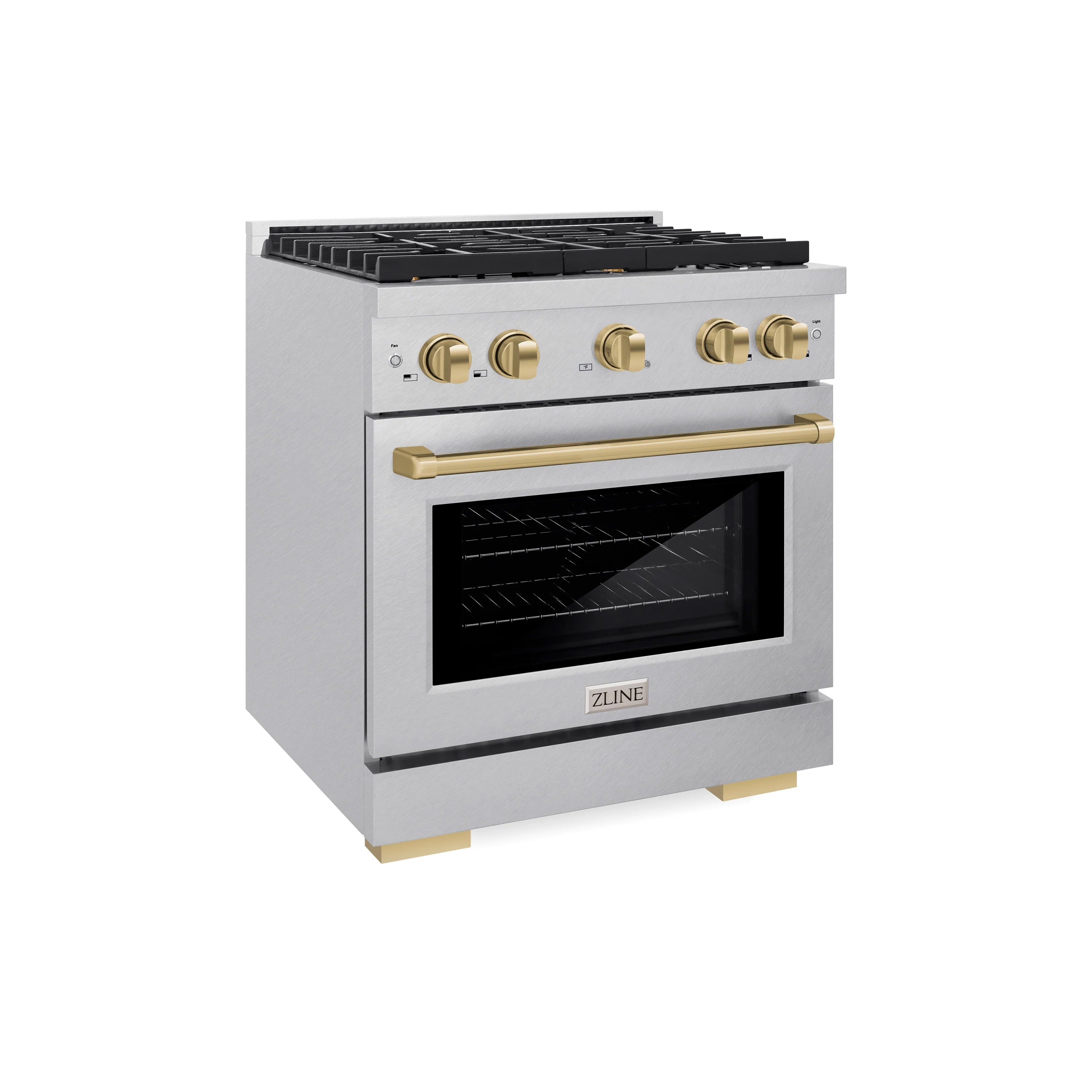 Stainless gas range with black cooktop grates, champagne bronze knobs, and oven window