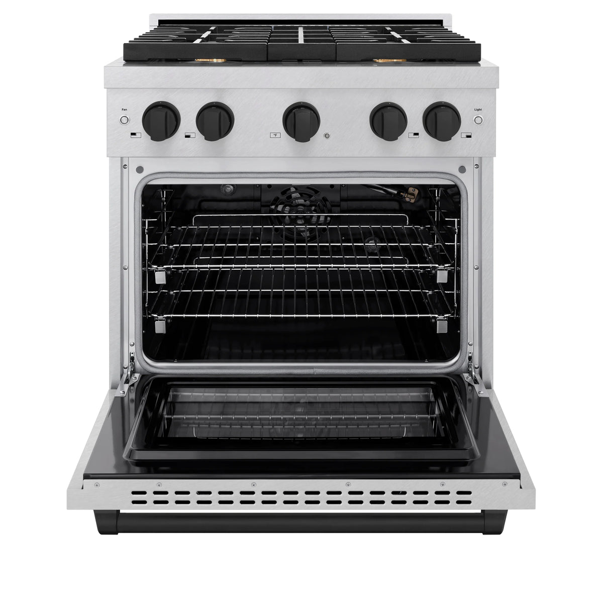 Gas range with oven door open showing wire racks inside