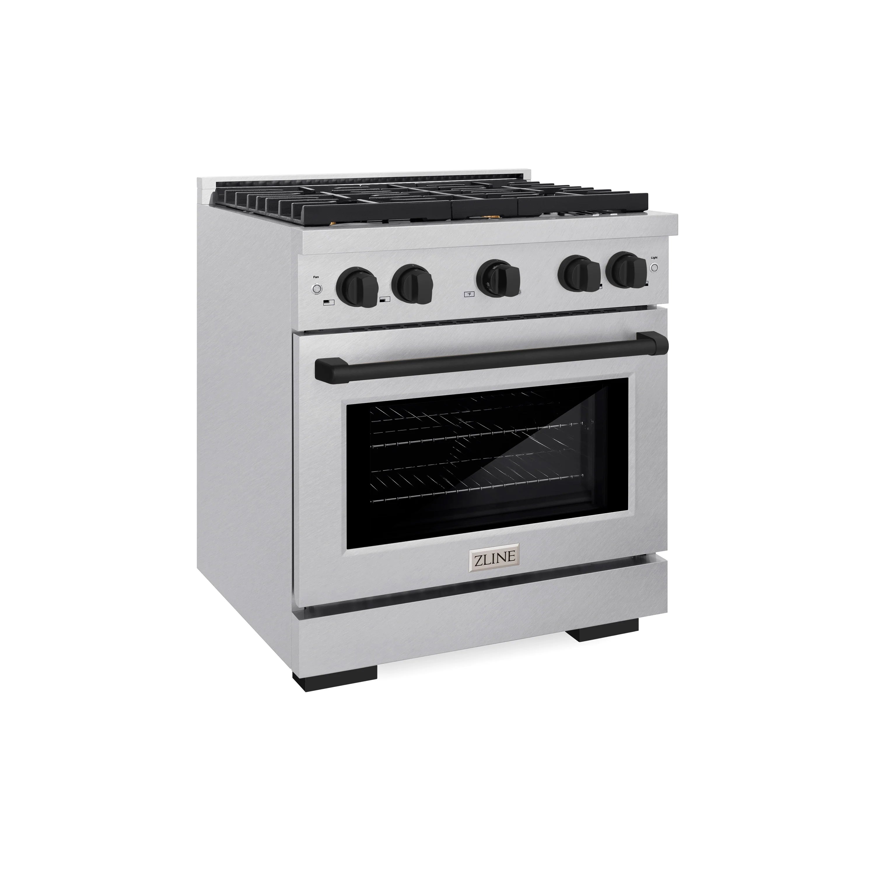 Gas range angled front view with black cooktop and control knobs