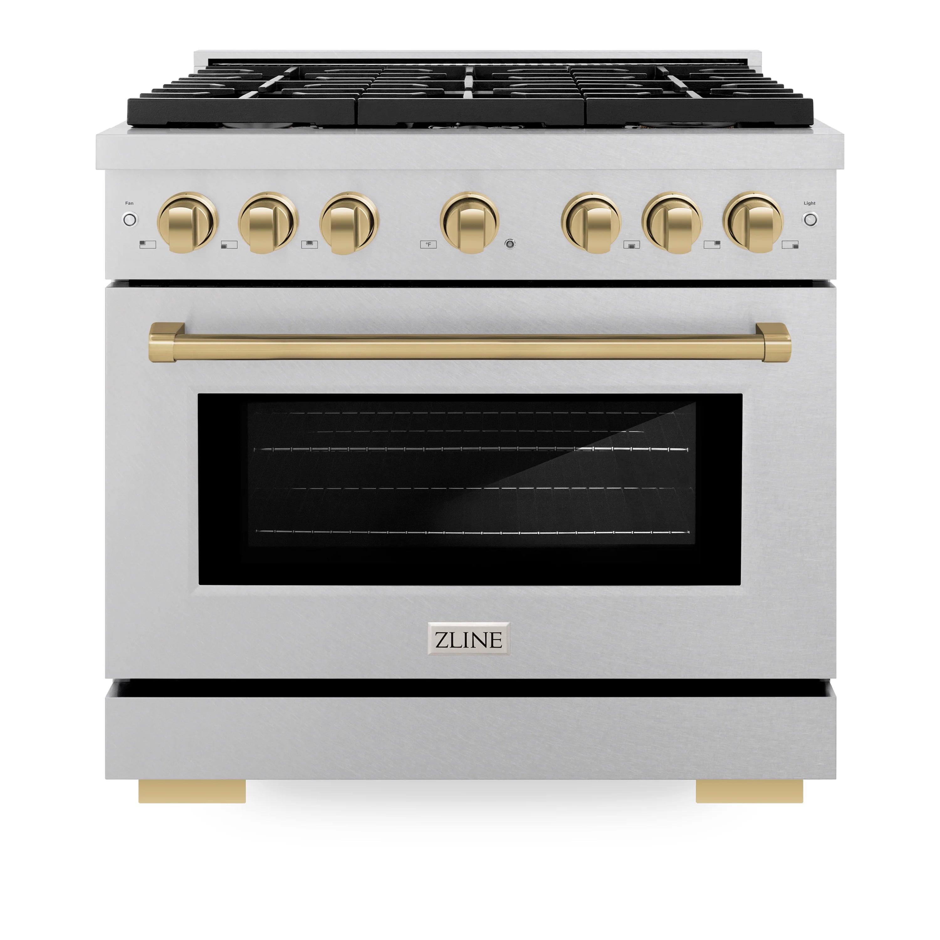 Gas range front view with six burner grates, champagne bronze control knobs, and glass oven door