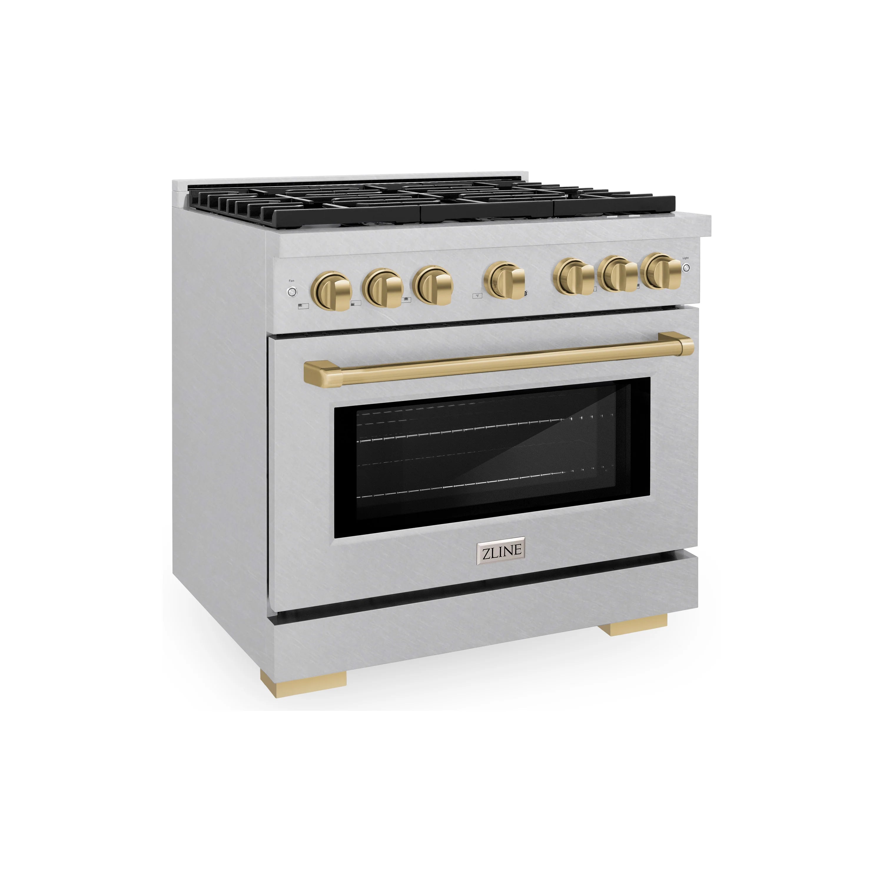 36-inch gas range with satin stainless finish, champagne bronze handle and front controls