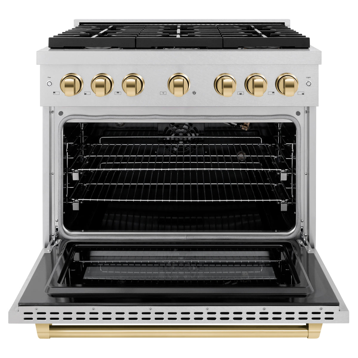 Open convection gas oven with wire racks and interior fan area, stainless range