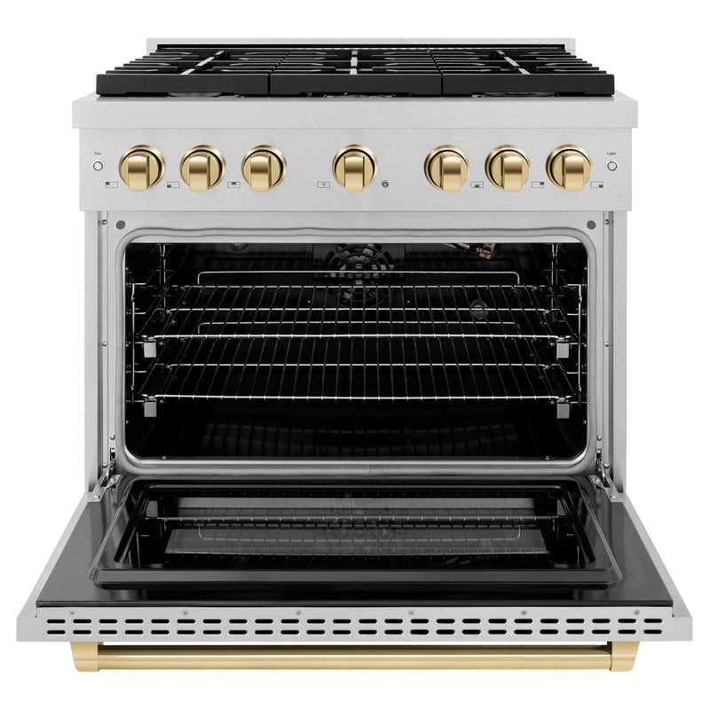 ZLINE Autograph Edition 36-Inch 6 Burner Gas Range with Convection Oven in Fingerprint Resistant DuraSnow Stainless Steel and Polished Gold Accents (SGRSZ-36-G)