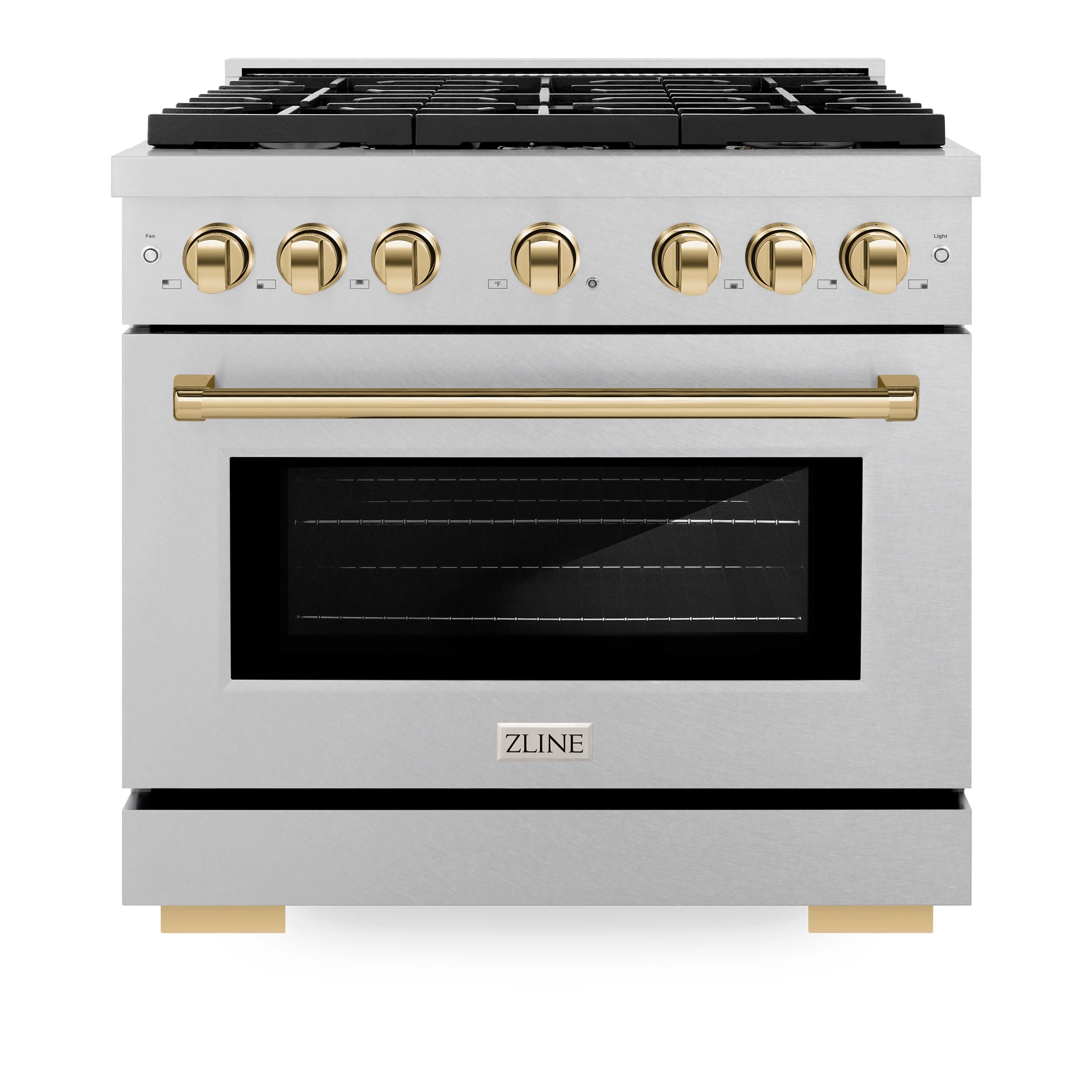 Stainless 6-burner gas range with convection oven window and gold control knobs