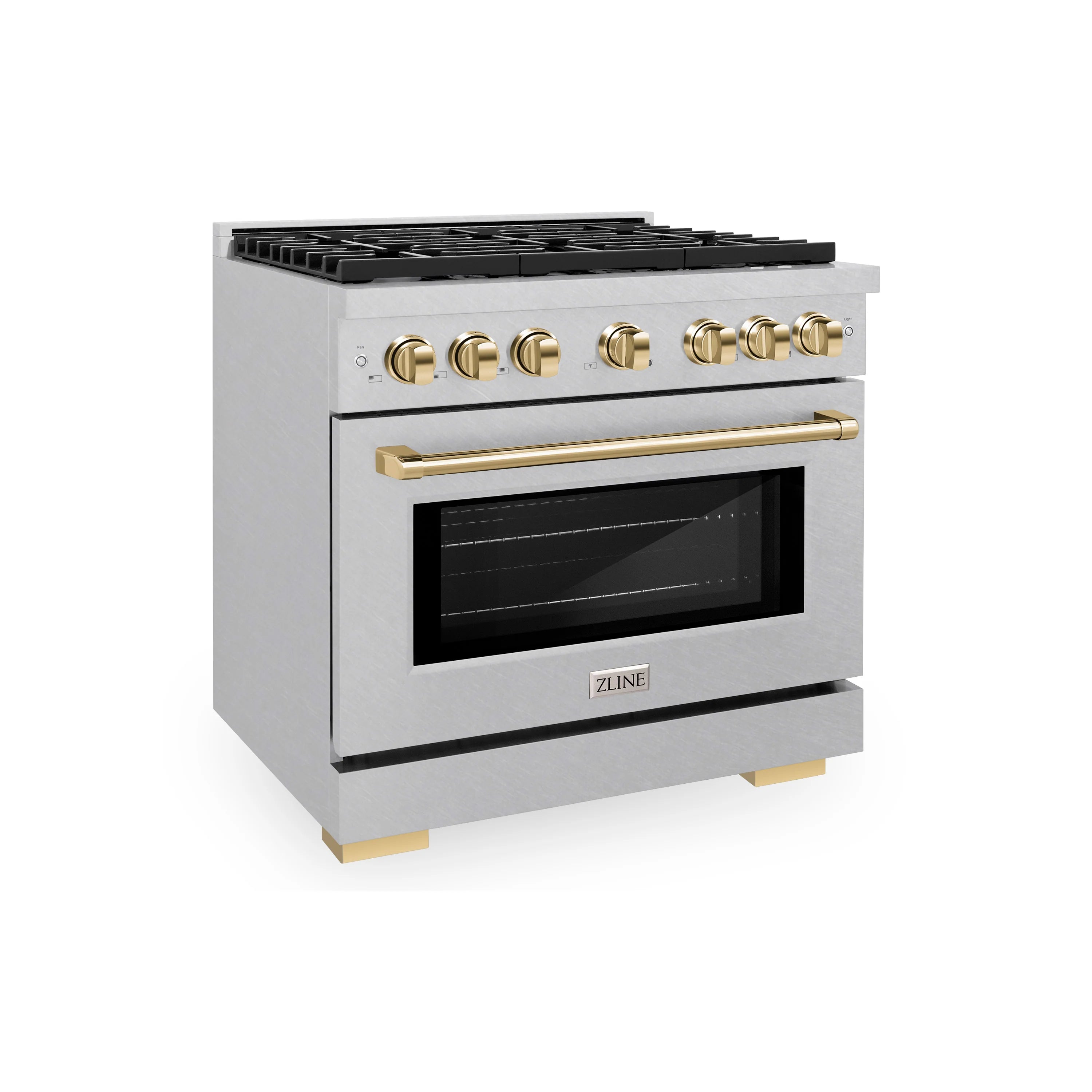 Stainless gas range with six burners and polished gold control knobs and handle