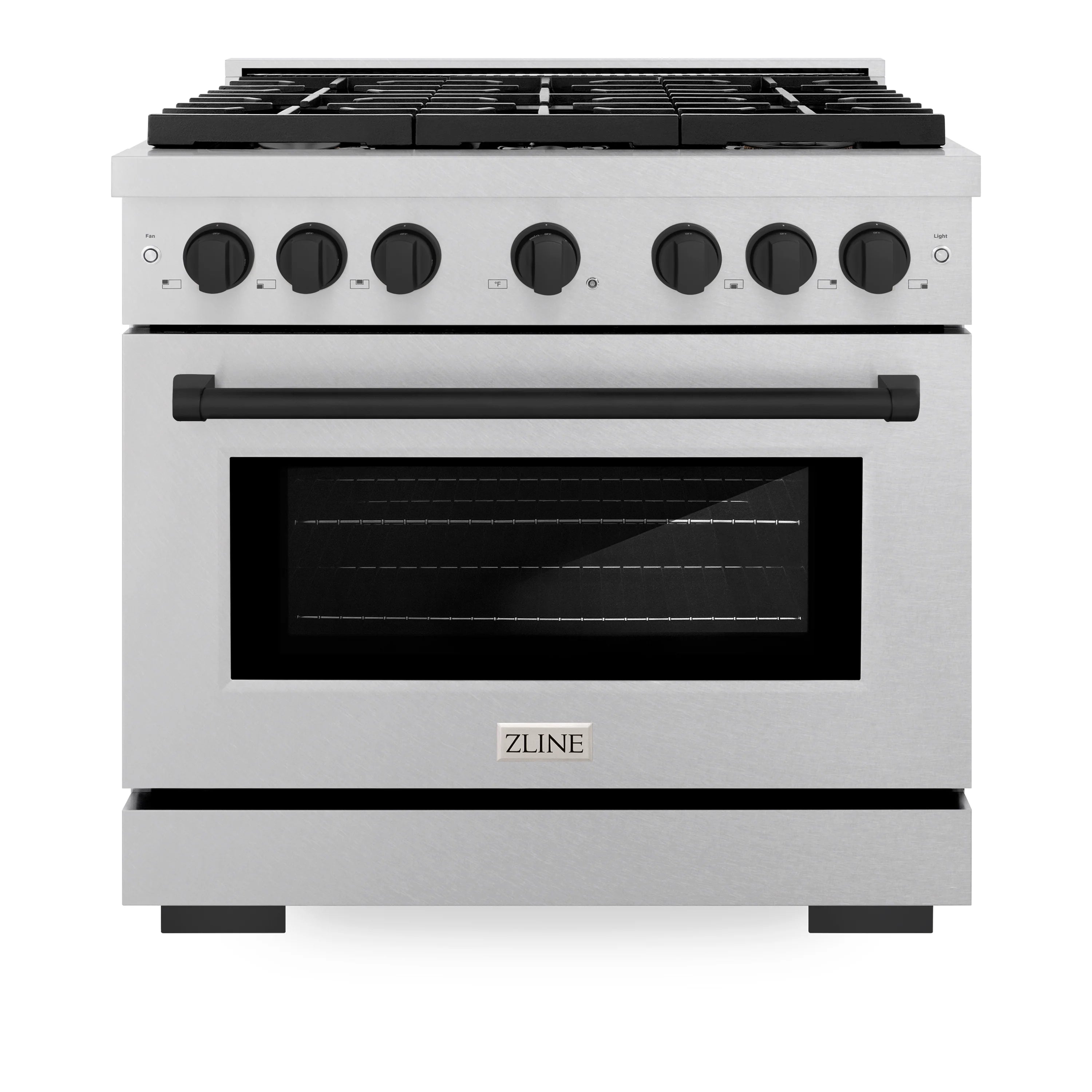 Stainless steel 6-burner gas range with black oven window and front control knobs