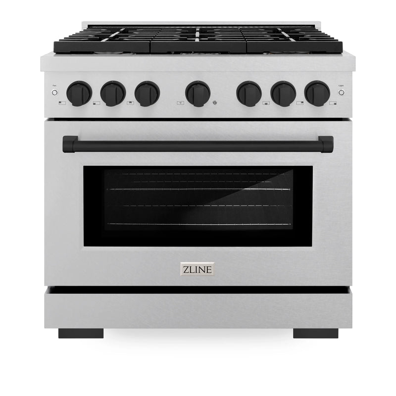 ZLINE Autograph Edition 36-Inch 5.2 cu. ft. Paramount Gas Range with 6 Burner Cooktop and Convection Gas Oven in DuraSnow Stainless Steel and Matte Black Accents (SGRSZ-36-MB)