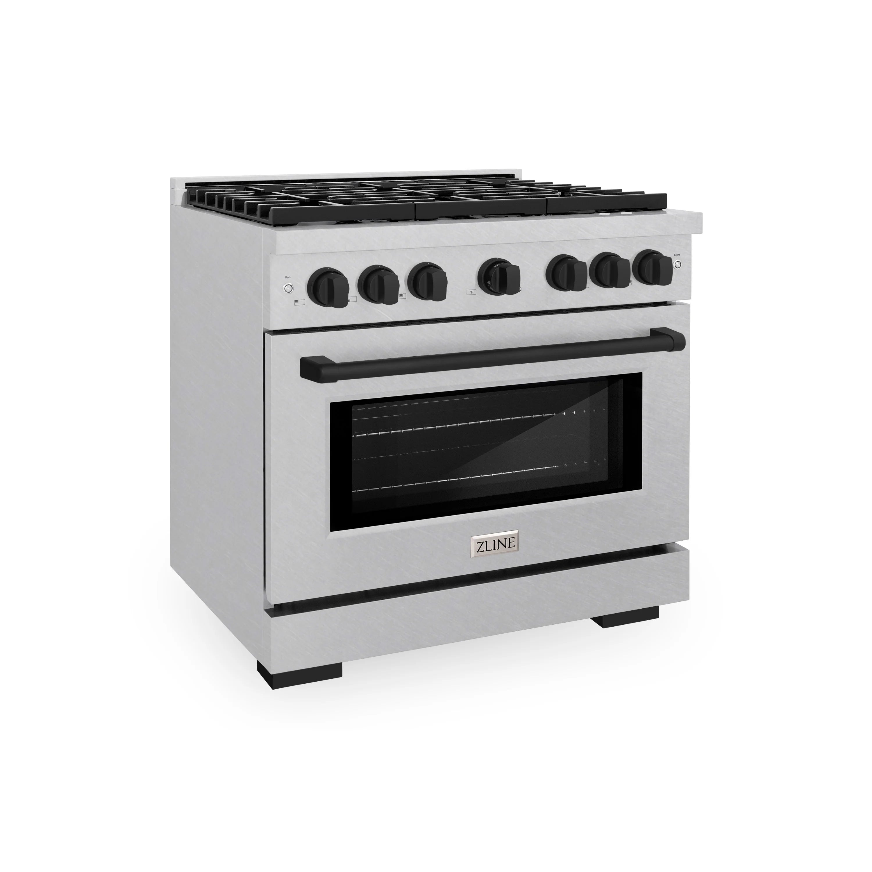 Satin stainless steel gas range with 6-burner cooktop and convection gas oven, matte accents
