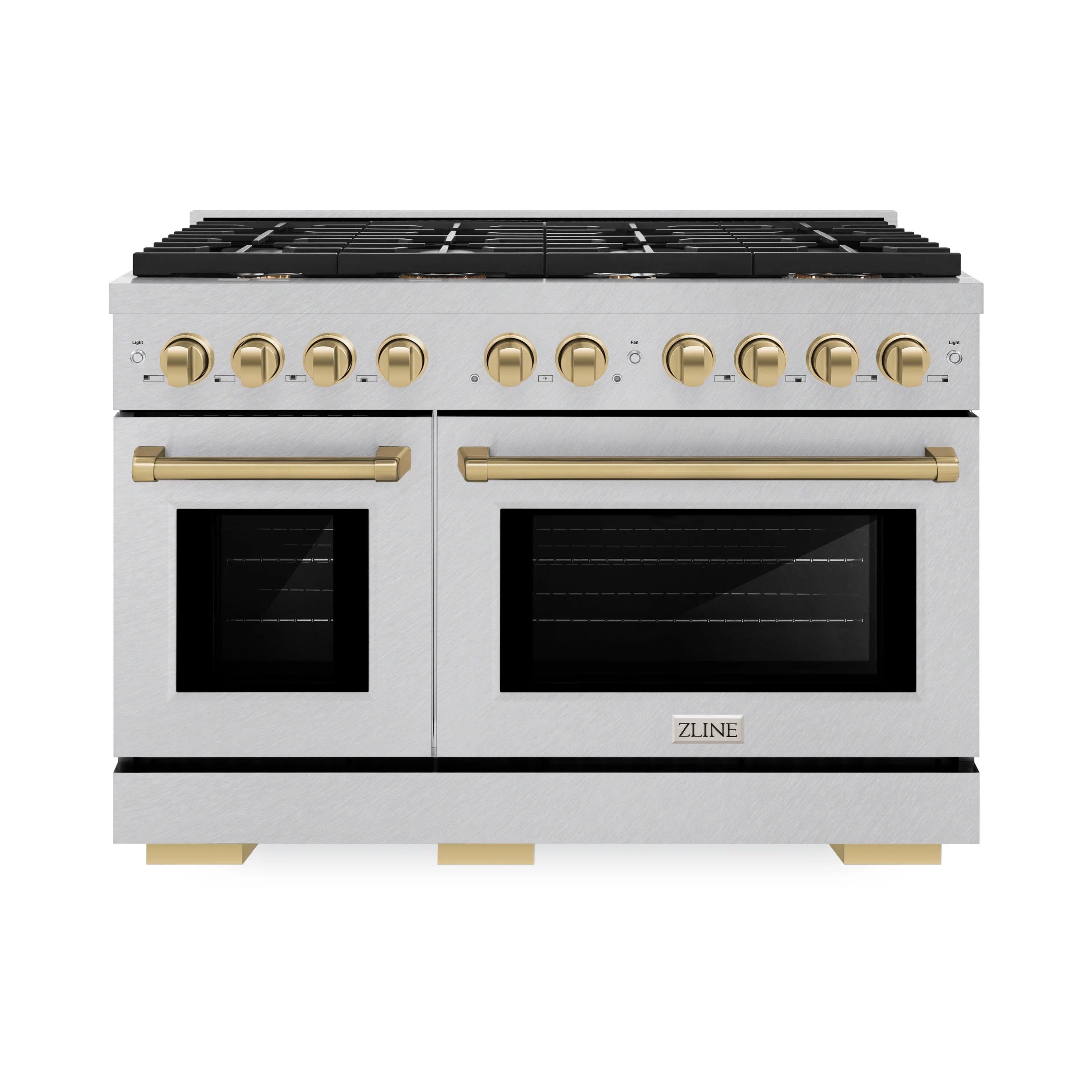 Stainless gas range with two oven doors and champagne bronze handles; front view