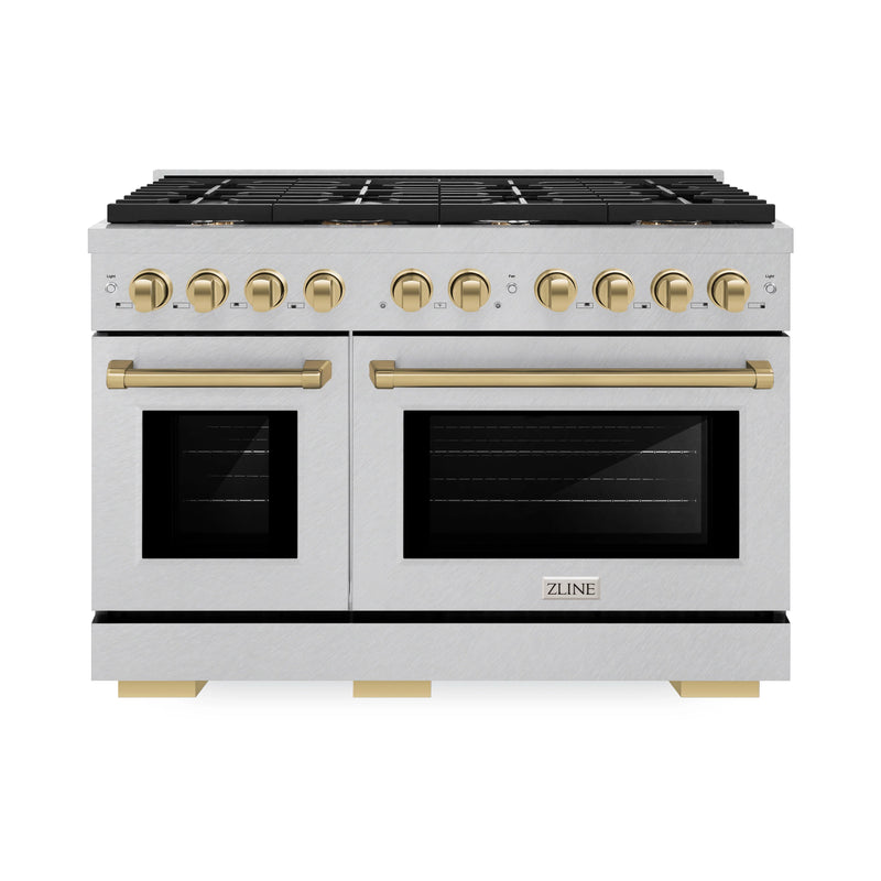 ZLINE Autograph Edition 2-Piece Appliance Package - 48-Inch Gas Range & Wall Mounted Range Hood in DuraSnow® Stainless Steel with Champagne Bronze Trim (2AKPR-RGSRH48-CB)