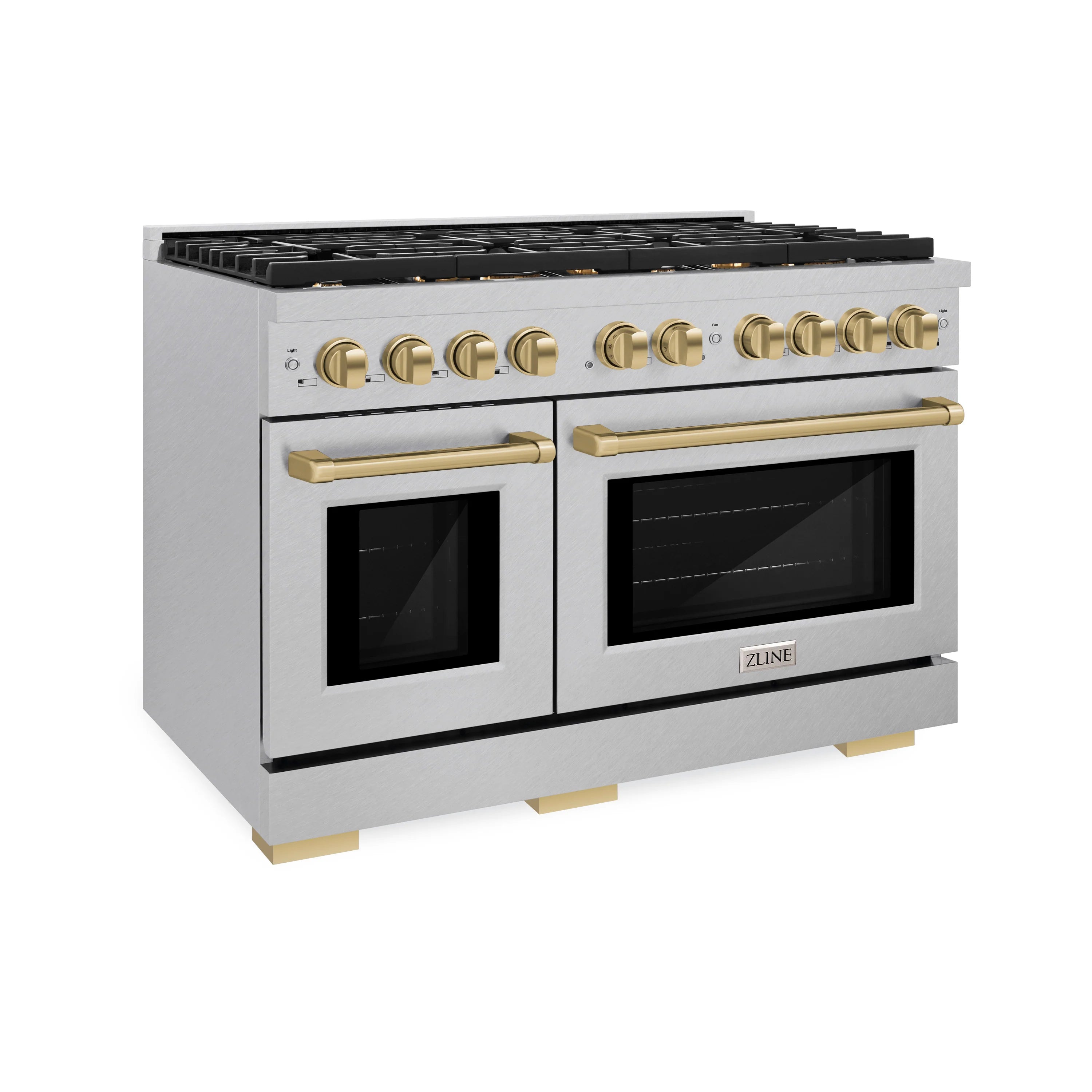 Satin stainless gas range with two ovens, fingerprint-resistant doors, champagne bronze knobs