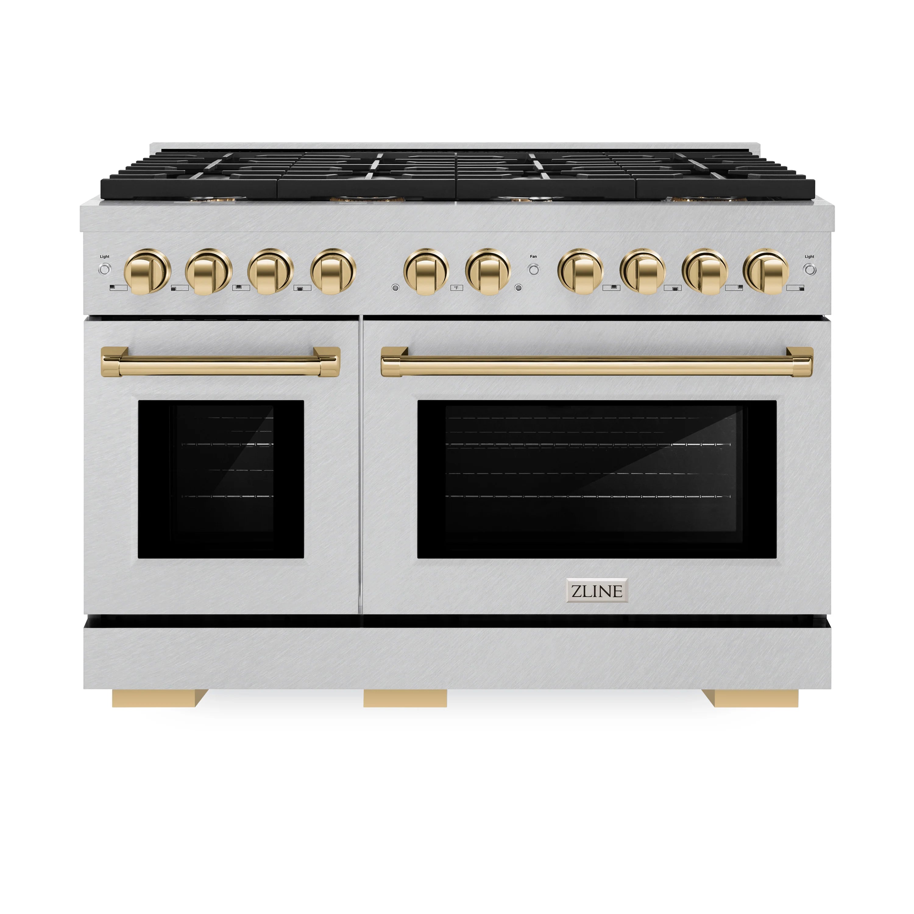 48-inch gas range with satin stainless front, gold control knobs, and two black ovens
