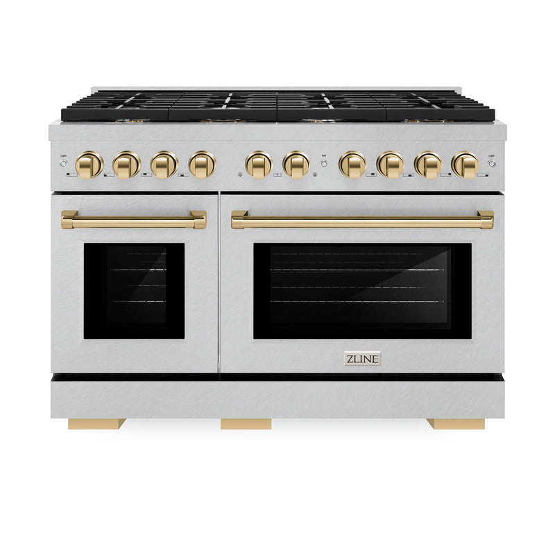 ZLINE 48-Inch Autograph Edition Kitchen Package with DuraSnow Stainless Steel Gas Range, Wall Mount Range Hood and Dishwasher with Gold Accents (3AKPR-RGSRHDWM48-G)