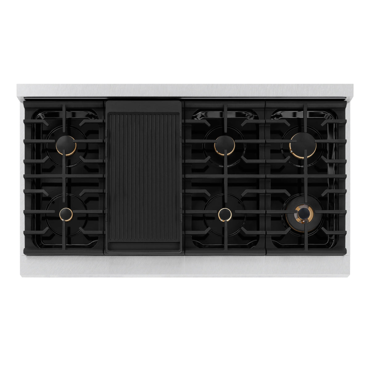 Stainless steel gas cooktop with black grates and burner layout