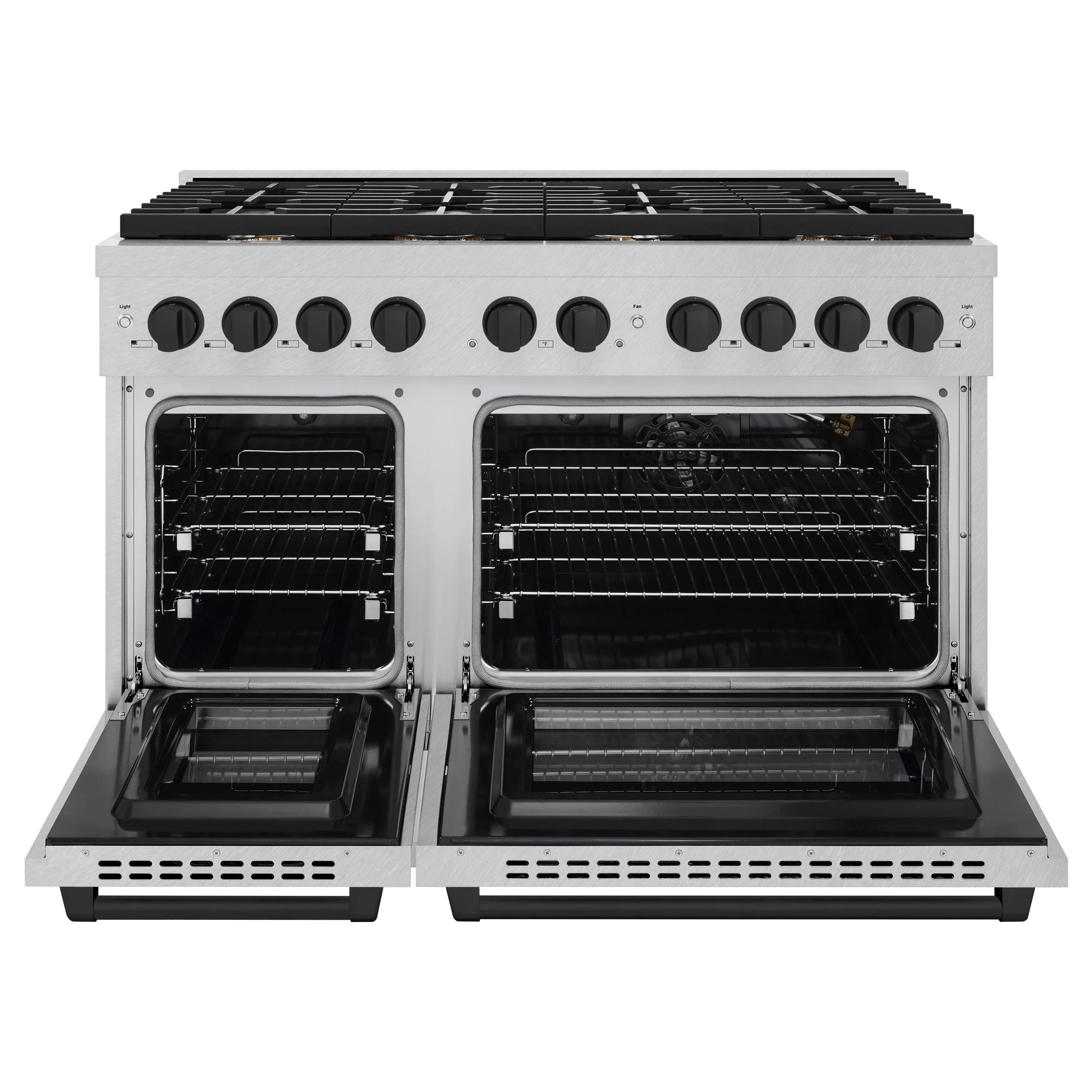 48-inch gas range with two oven doors open and black burner grates, front view