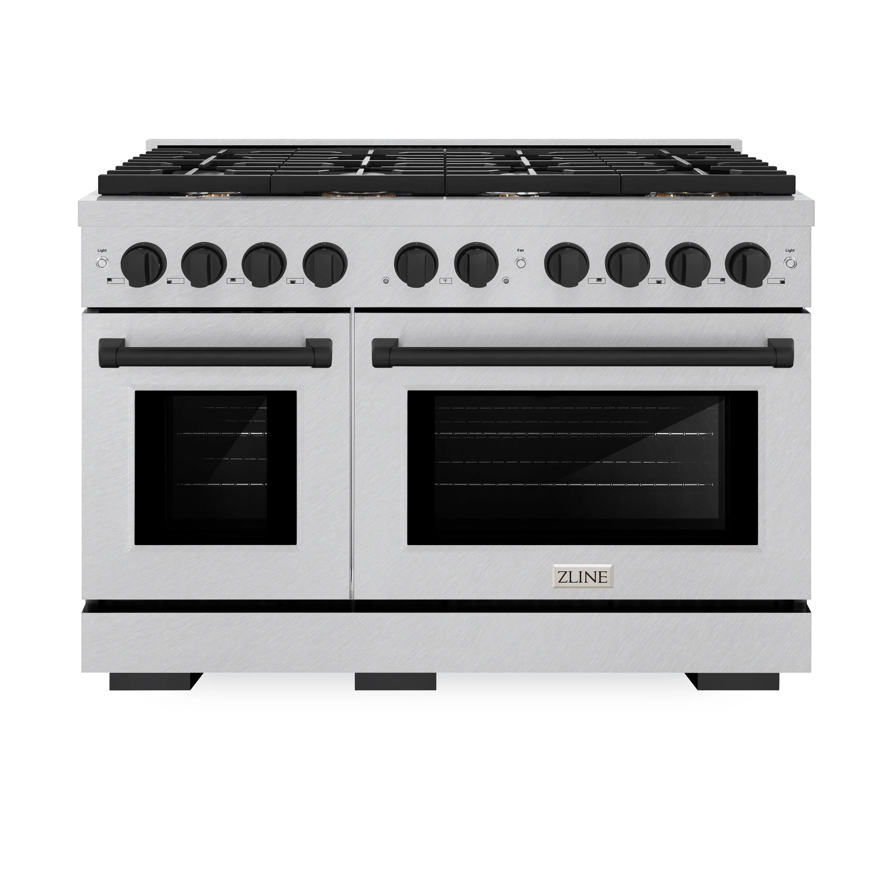 Satin stainless steel gas range with black grates, control knobs, and two ovens