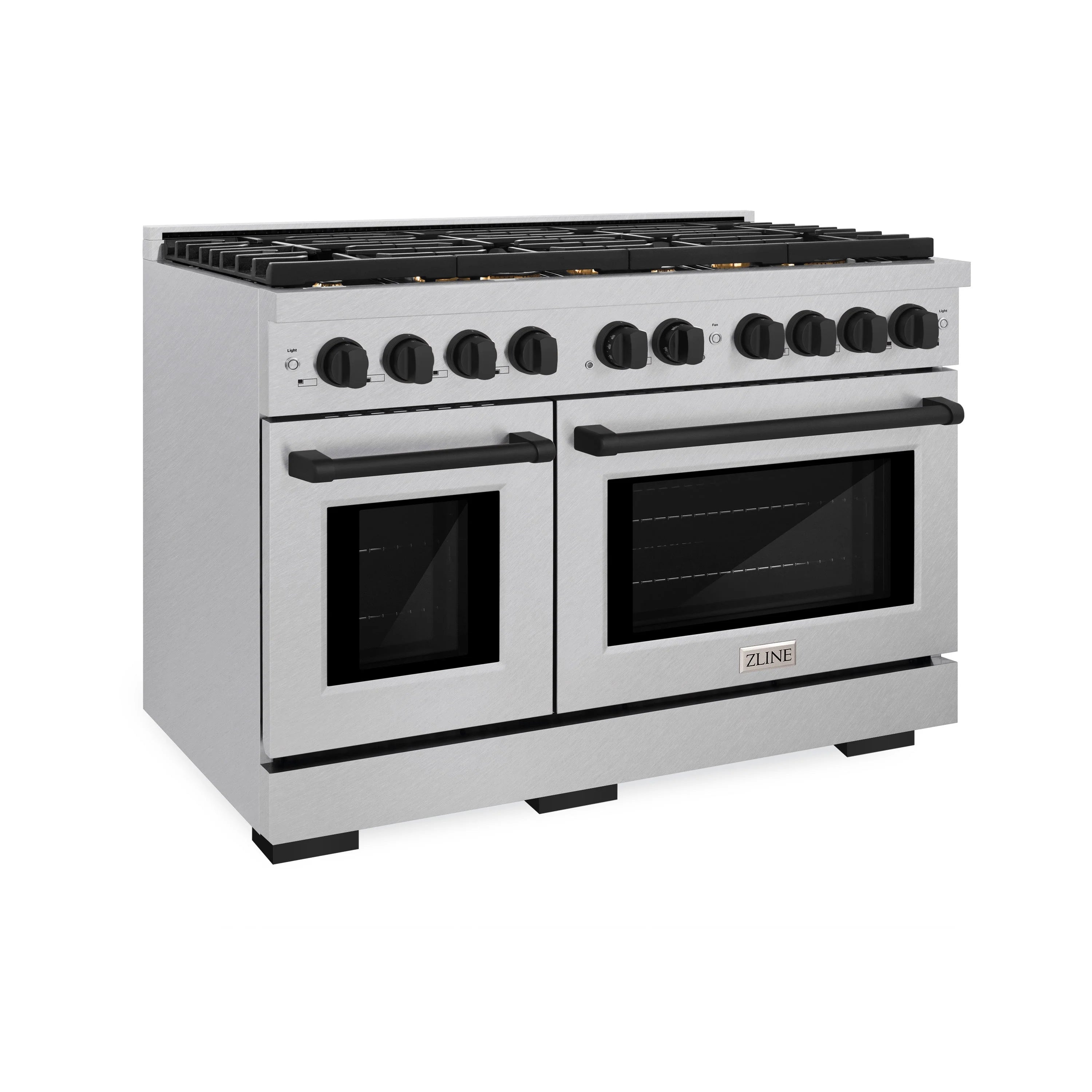 48-inch gas range in satin stainless steel with matte black control knobs