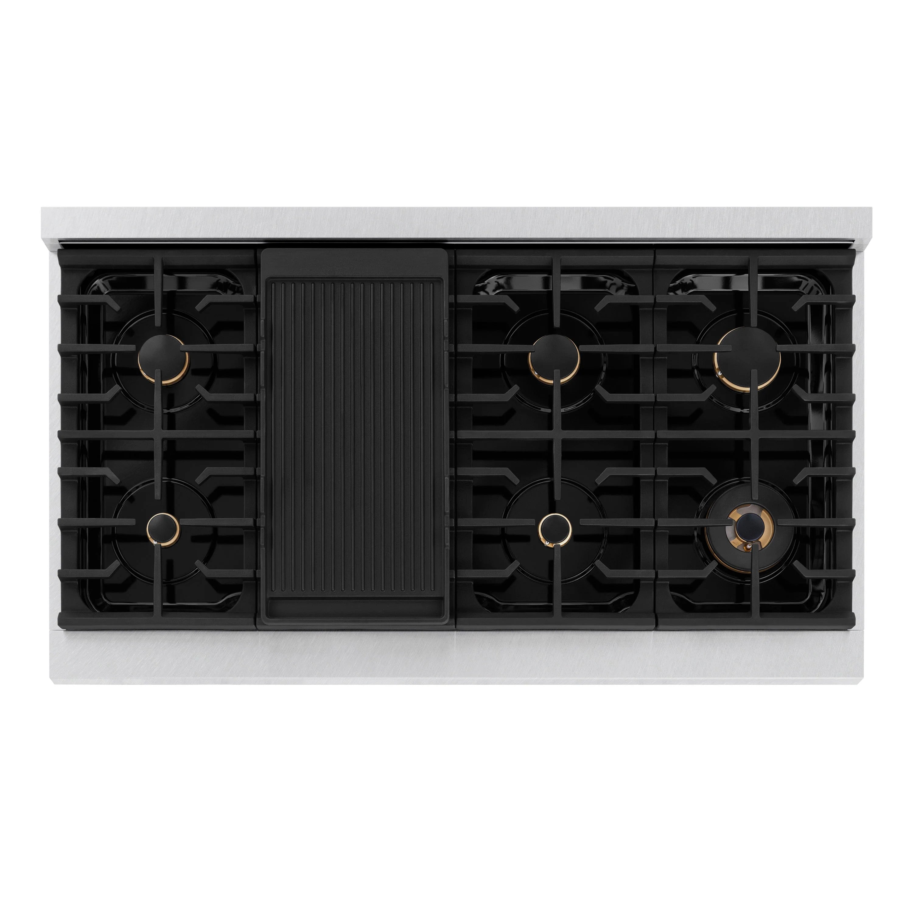 Stainless steel cooktop with black grates and central burner controls