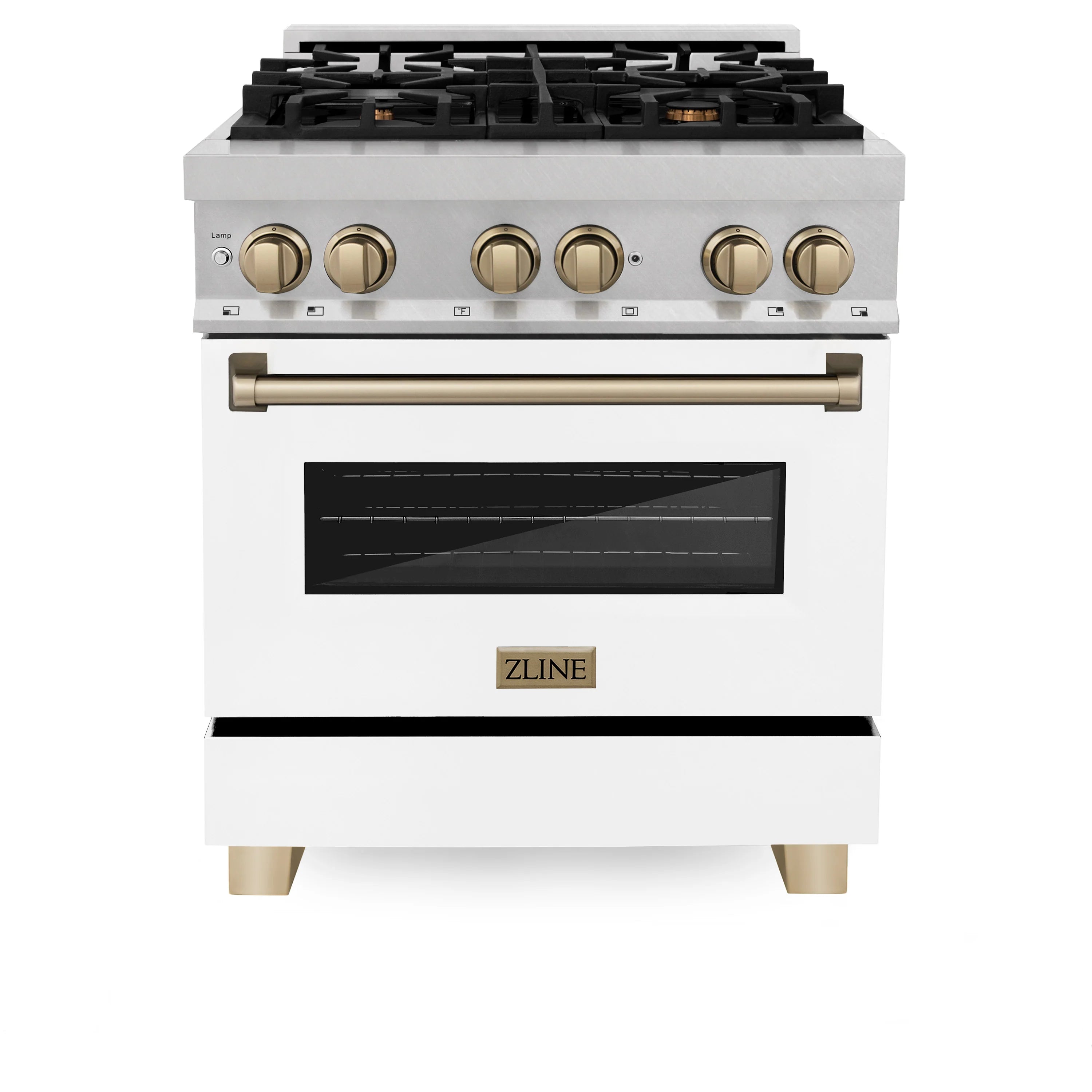 White dual fuel range with black cooktop grates, bronze knobs, and oven door window