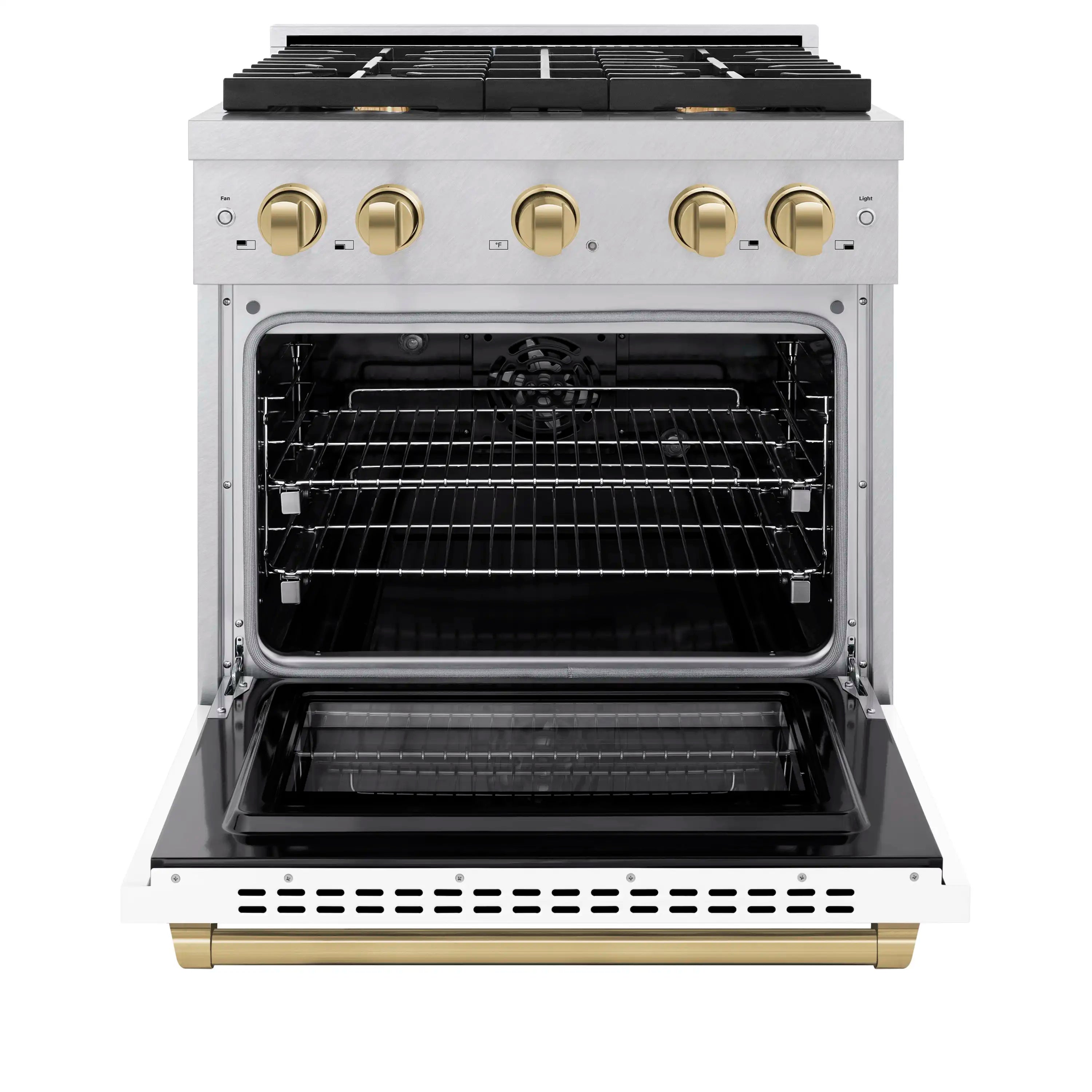 Dual fuel range with open stainless oven door, black racks, and champagne-gold knobs