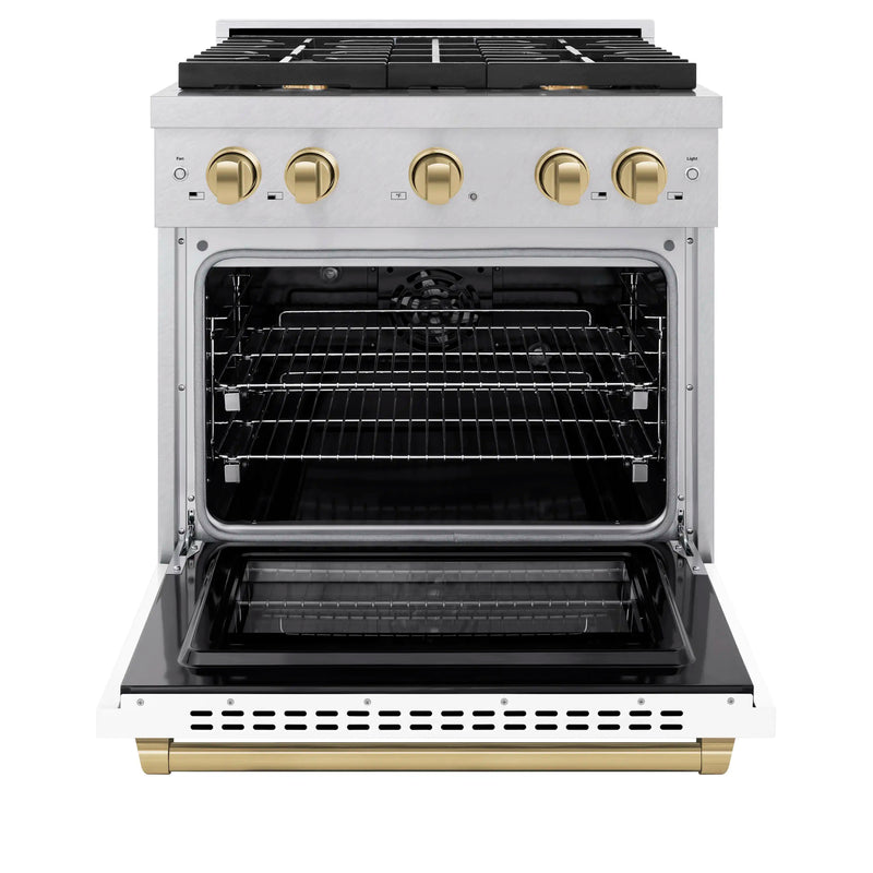 ZLINE Autograph Edition 30-Inch 4.2 cu. ft. Paramount Dual Fuel Range with 4 Burner Gas Cooktop and Electric Convection Oven in DuraSnow Stainless Steel with White Matte Door and Champagne Bronze Accents (SDRSZ-WM-30-CB)