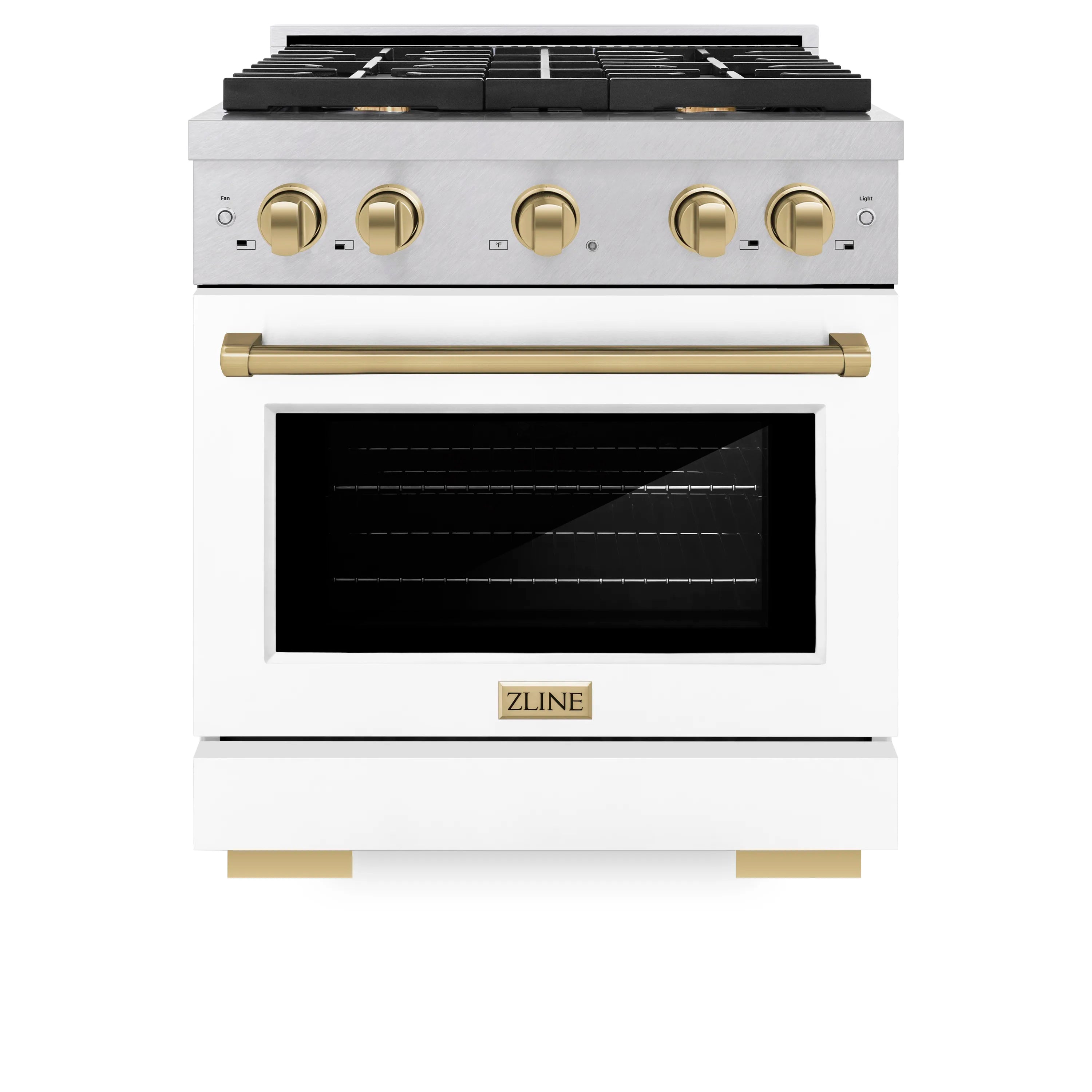 Stainless steel range with white oven door window, champagne bronze handle and knobs