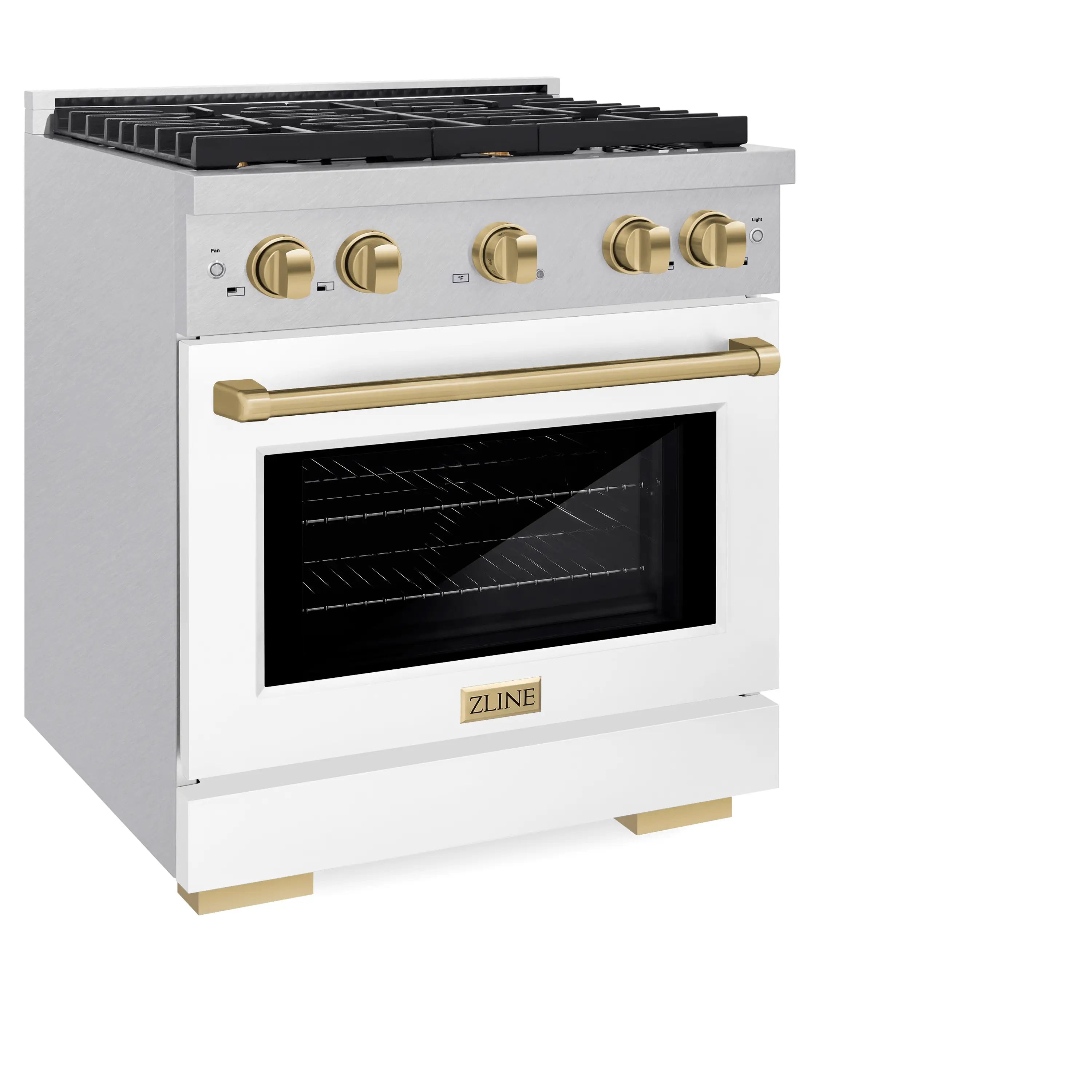 Stainless steel dual fuel range with oven glass window and champagne bronze handle and knobs