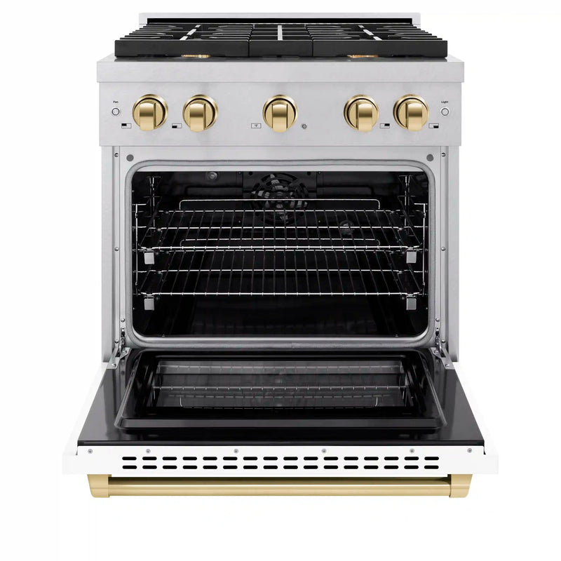 ZLINE Autograph Edition 30-Inch 4.2 cu. ft. Paramount Dual Fuel Range with 4 Burner Gas Cooktop and Electric Convection Oven in DuraSnow Stainless Steel with White Matte Door and Polished Gold Accents (SDRSZ-WM-30-G)