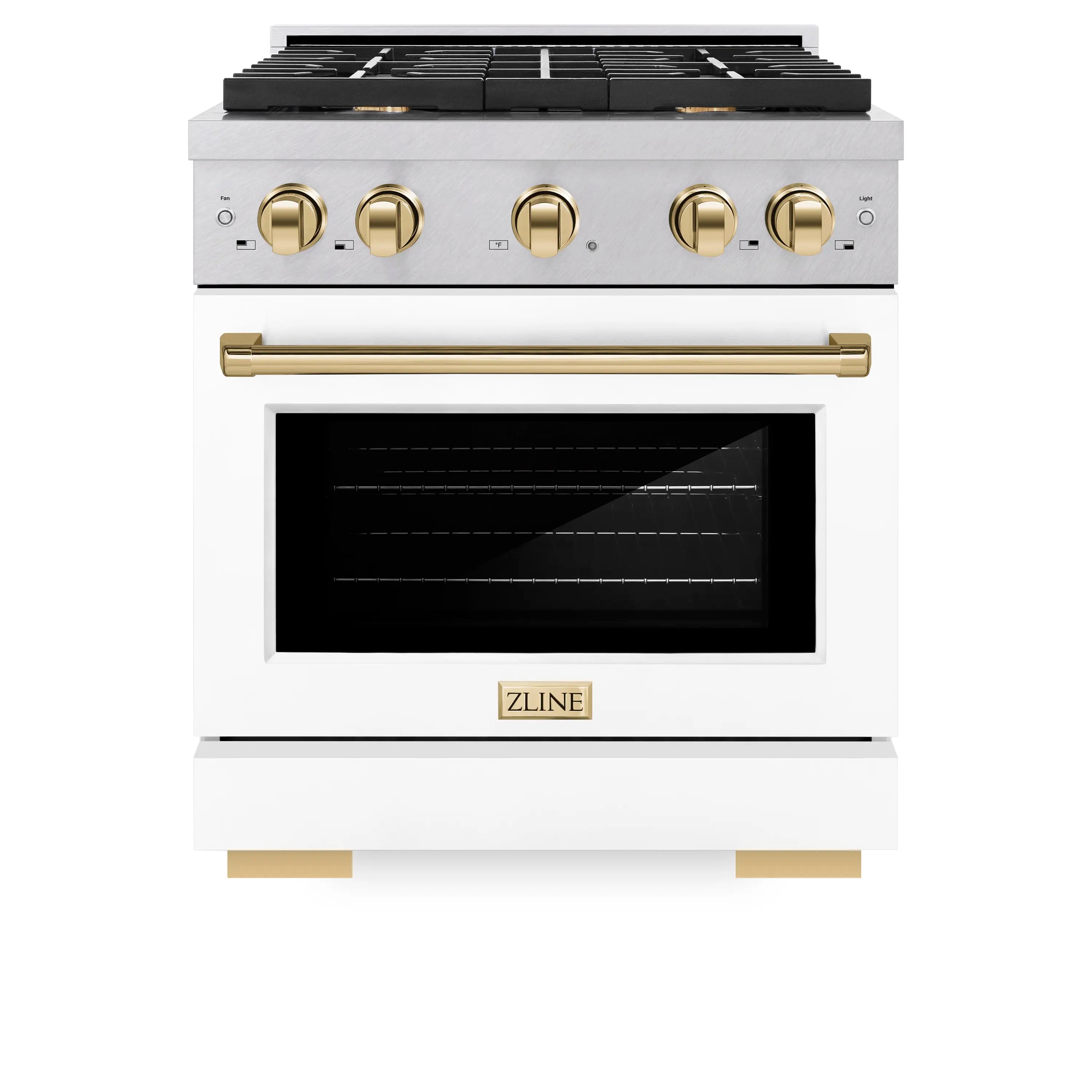 Dual fuel range front with closed oven door window, gold handle, and burner knobs