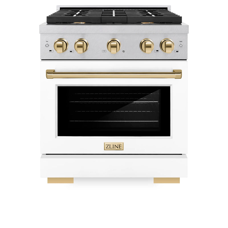 ZLINE Autograph Edition 30-Inch 4.2 cu. ft. Paramount Dual Fuel Range with 4 Burner Gas Cooktop and Electric Convection Oven in DuraSnow Stainless Steel with White Matte Door and Polished Gold Accents (SDRSZ-WM-30-G)