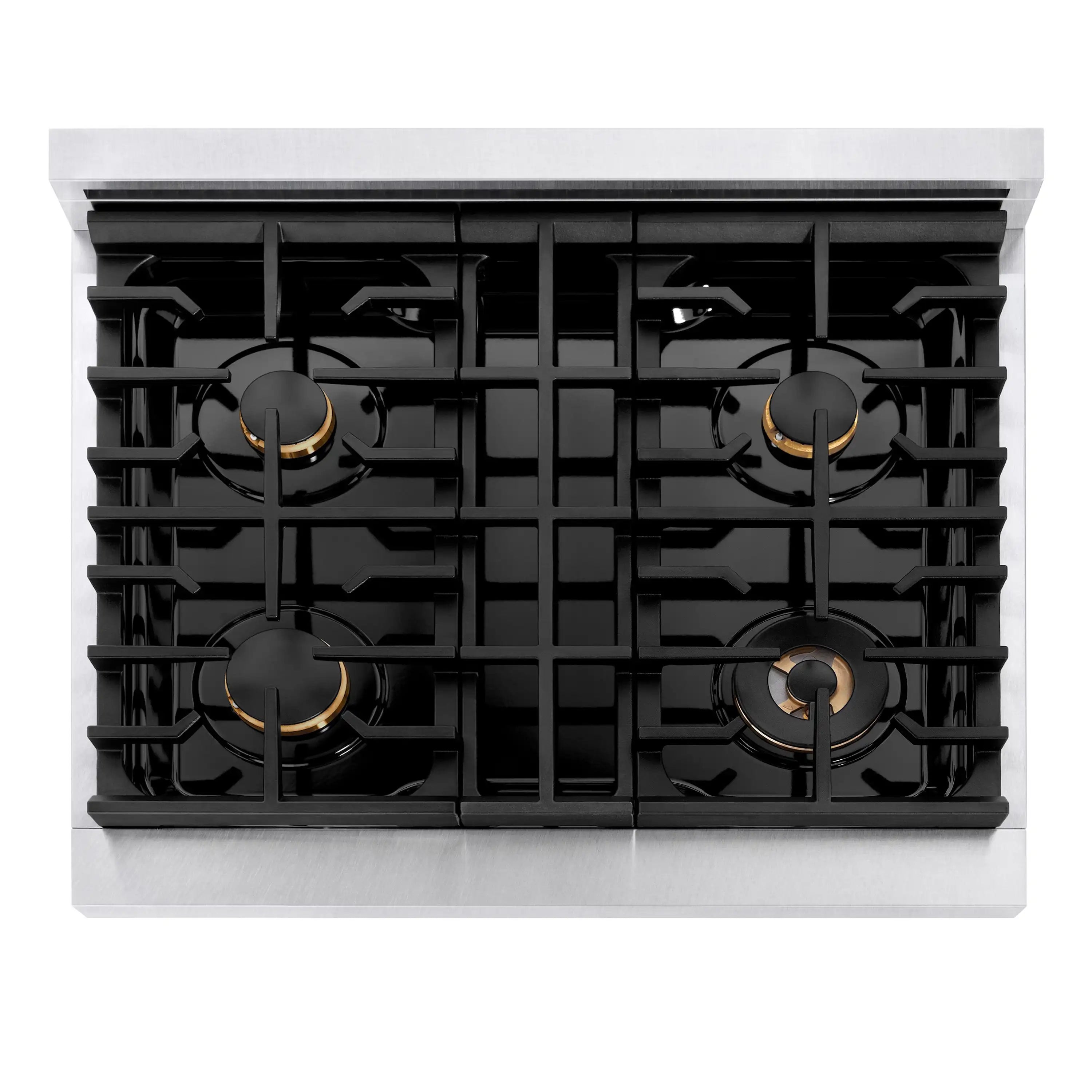Satin stainless steel gas cooktop with four burners and black grate configuration