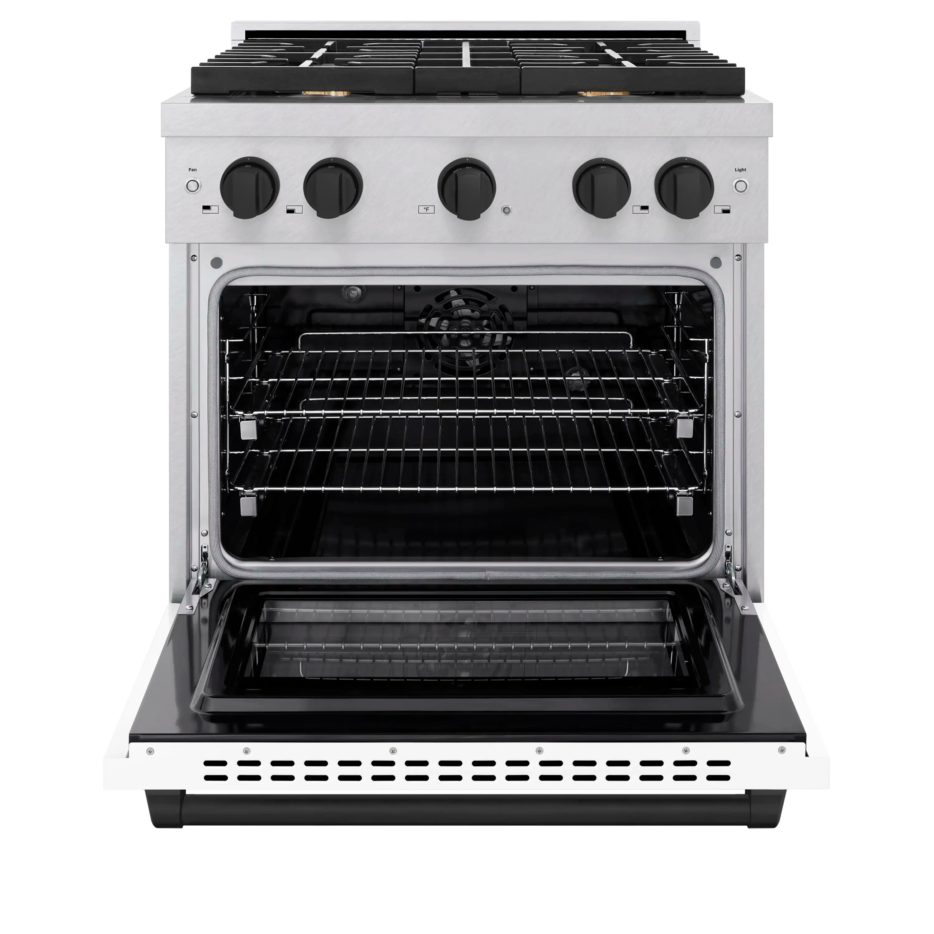30-inch dual fuel range with open electric convection oven door and gas cooktop knobs