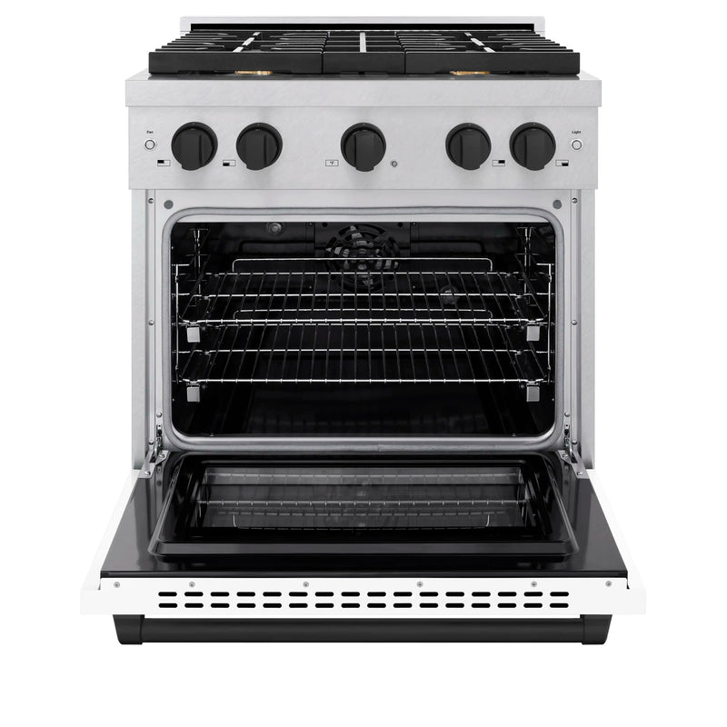 ZLINE Autograph Edition 30-Inch 4.2 cu. ft. Paramount Dual Fuel Range with 4 Burner Gas Cooktop and Electric Convection Oven in DuraSnow Stainless Steel with White Matte Door and Matte Black Accents (SDRSZ-WM-30-MB)