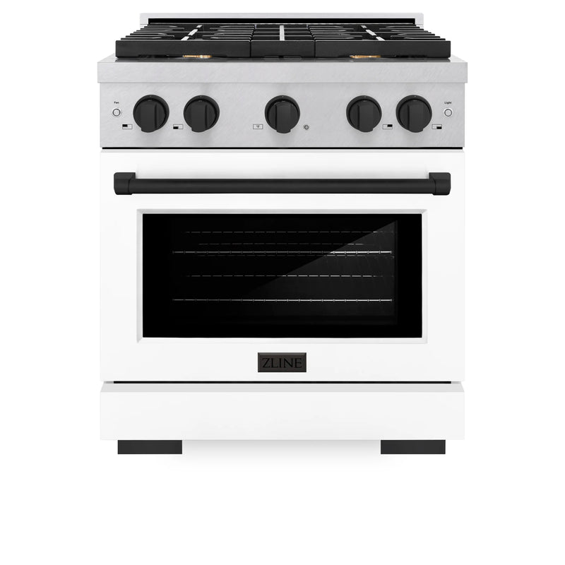 ZLINE Autograph Edition 30-Inch 4.2 cu. ft. Paramount Dual Fuel Range with 4 Burner Gas Cooktop and Electric Convection Oven in DuraSnow Stainless Steel with White Matte Door and Matte Black Accents (SDRSZ-WM-30-MB)