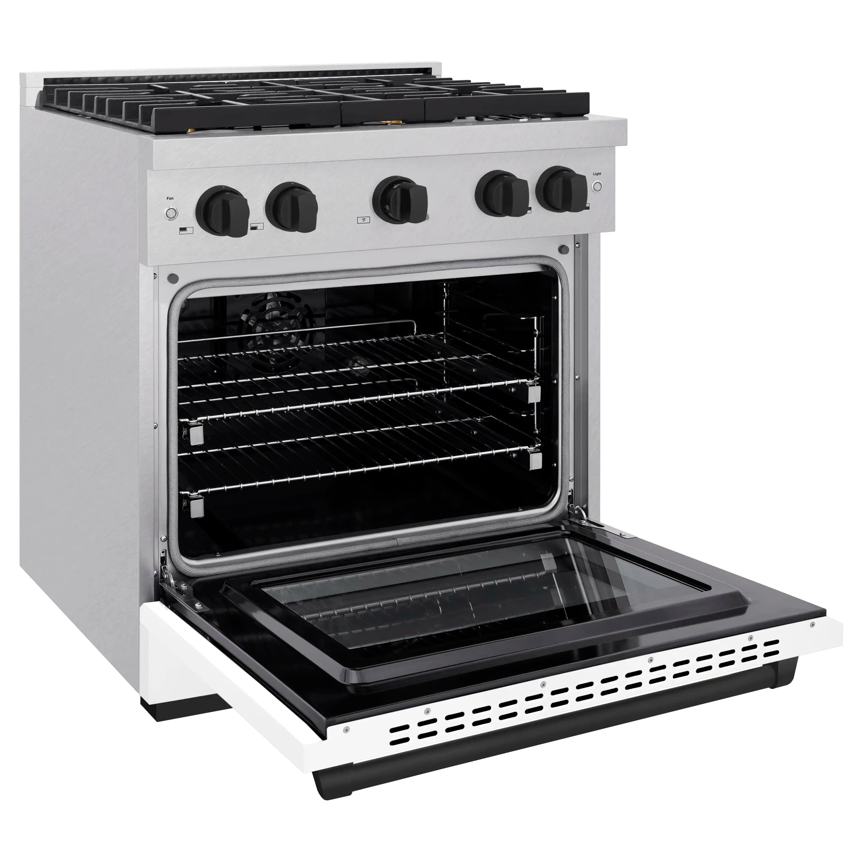 30-inch dual fuel range with open oven cavity, racks, and glass door