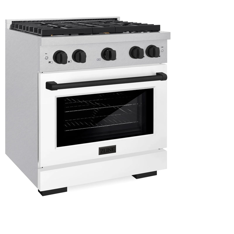 ZLINE Autograph Edition 30-Inch 4.2 cu. ft. Paramount Dual Fuel Range with 4 Burner Gas Cooktop and Electric Convection Oven in DuraSnow Stainless Steel with White Matte Door and Matte Black Accents (SDRSZ-WM-30-MB)