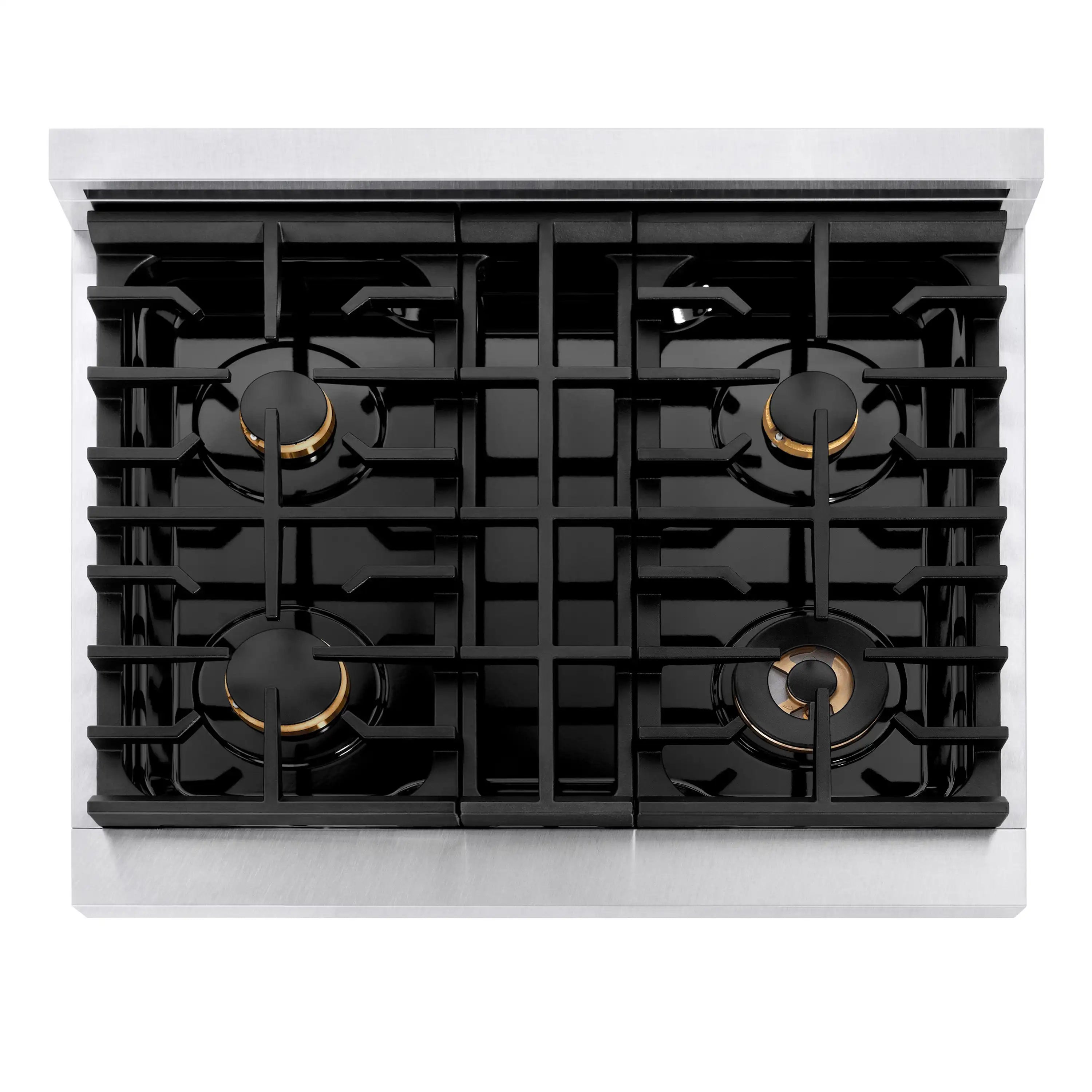 Gas cooktop grate with four black burners and champagne burner caps