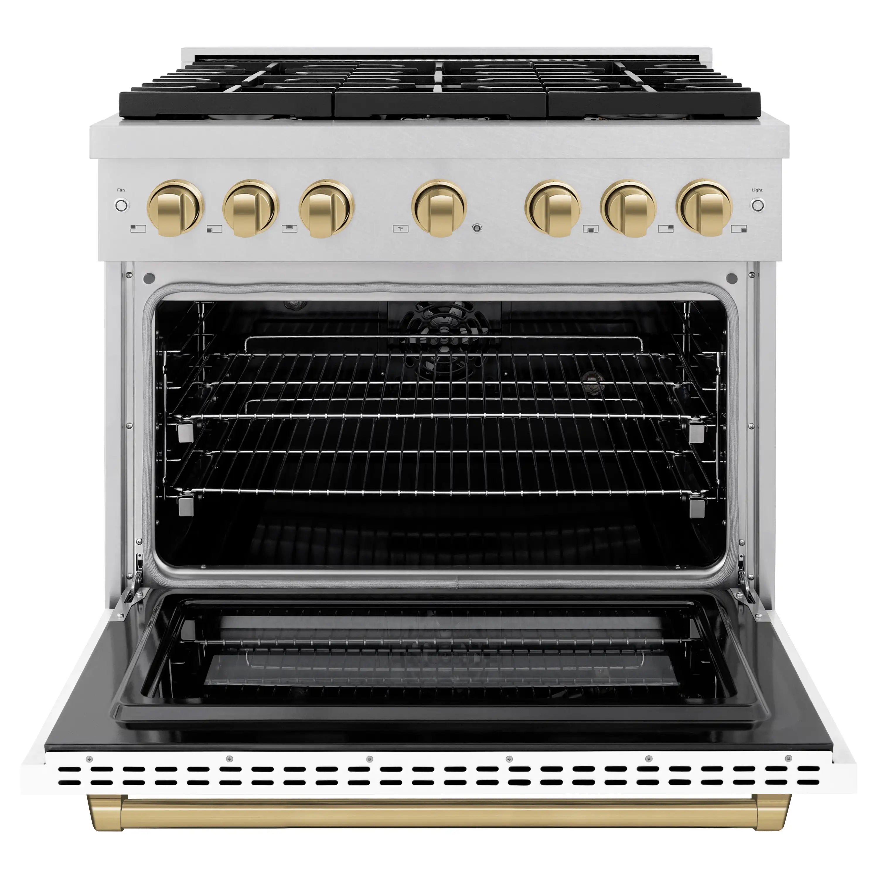 Dual fuel range with oven door open, dark interior racks and black baking chamber
