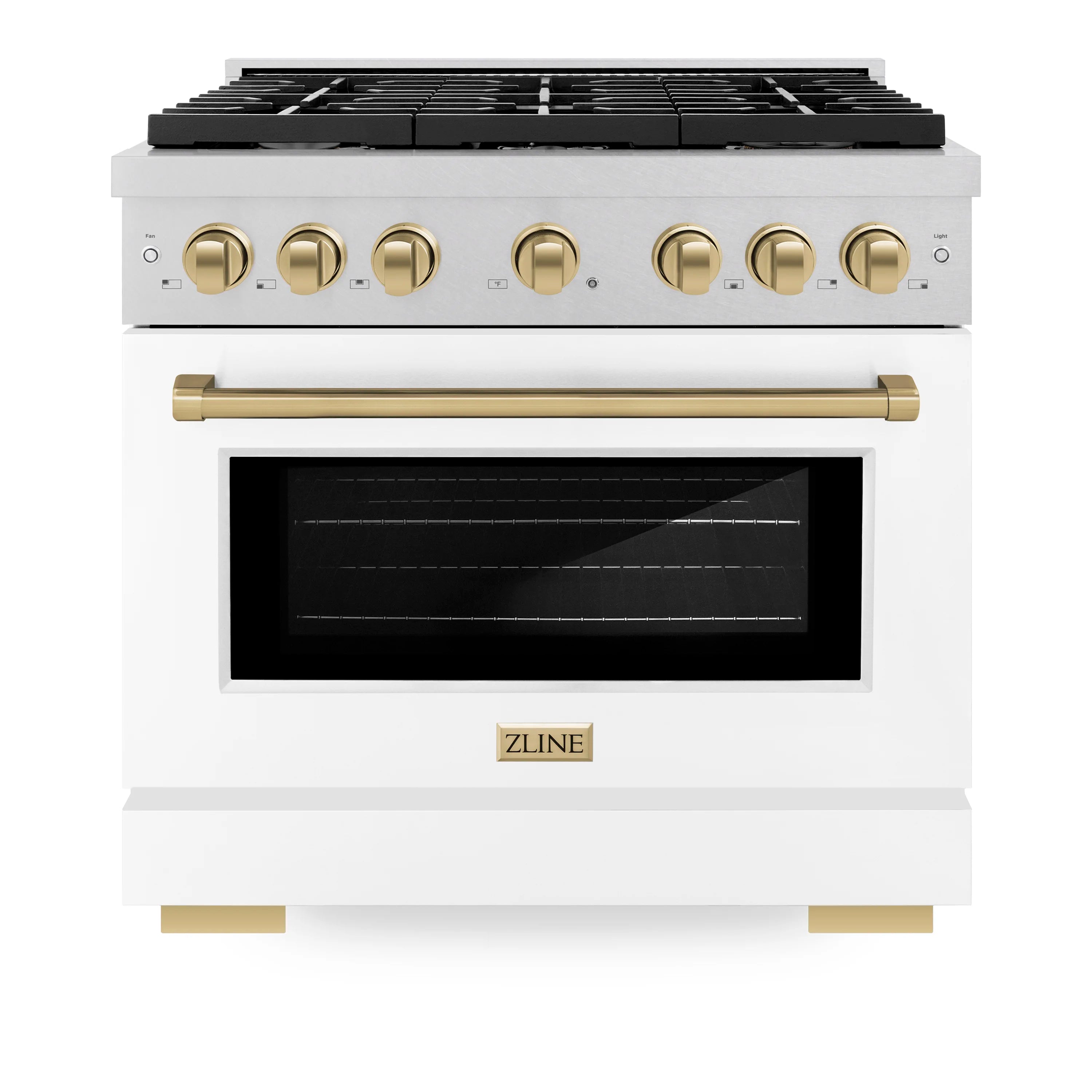 White-front dual fuel range with gold control knobs, black glass oven door window