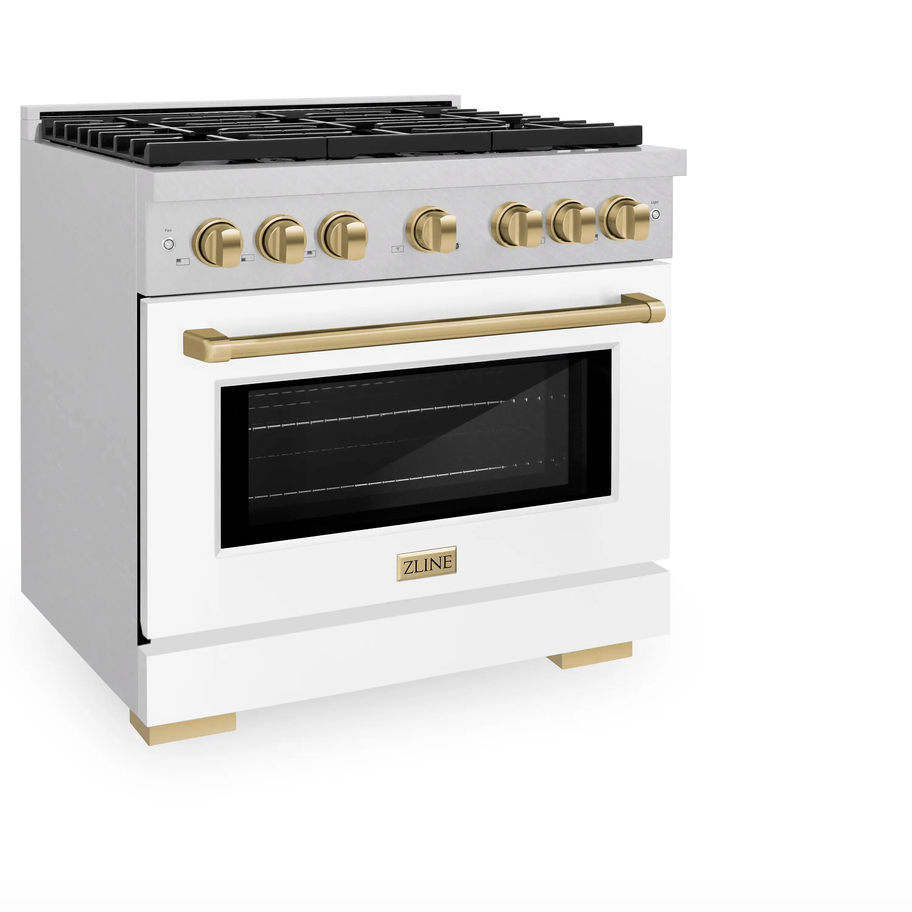 Dual fuel range front view with 6 gas knobs, gold handle, and black oven door