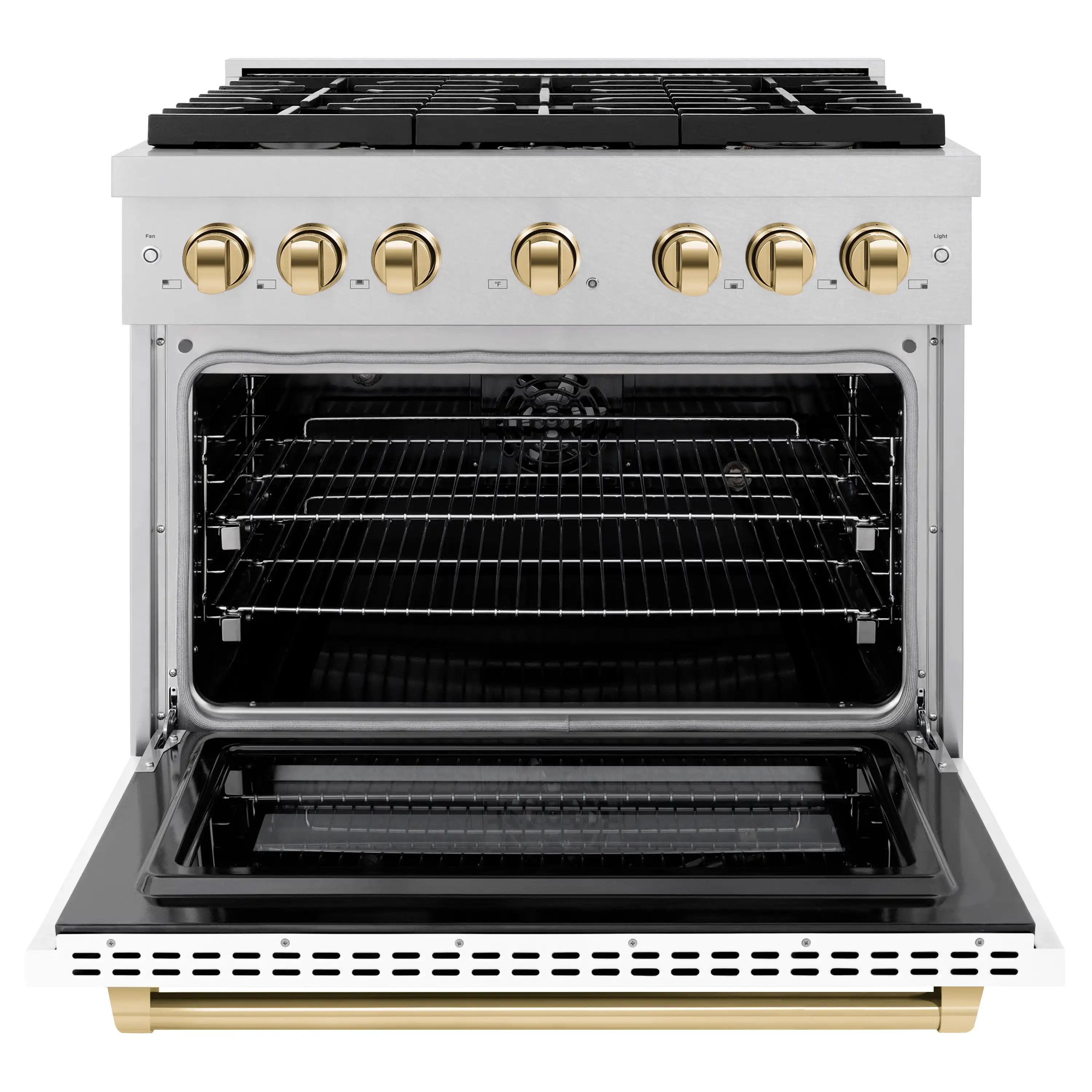 Dual fuel range oven door open, showing wire racks and black interior, satin stainless
