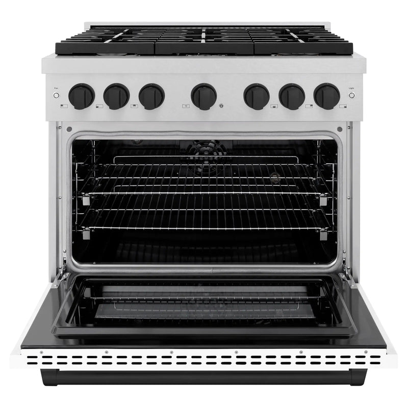 ZLINE Autograph Edition 36-Inch 5.2 cu. ft. Paramount Dual Fuel Range with 6 Burner Gas Cooktop and Electric Convection Oven in DuraSnow Stainless Steel with White Matte Door and Matte Black Accents (SDRSZ-WM-36-MB)