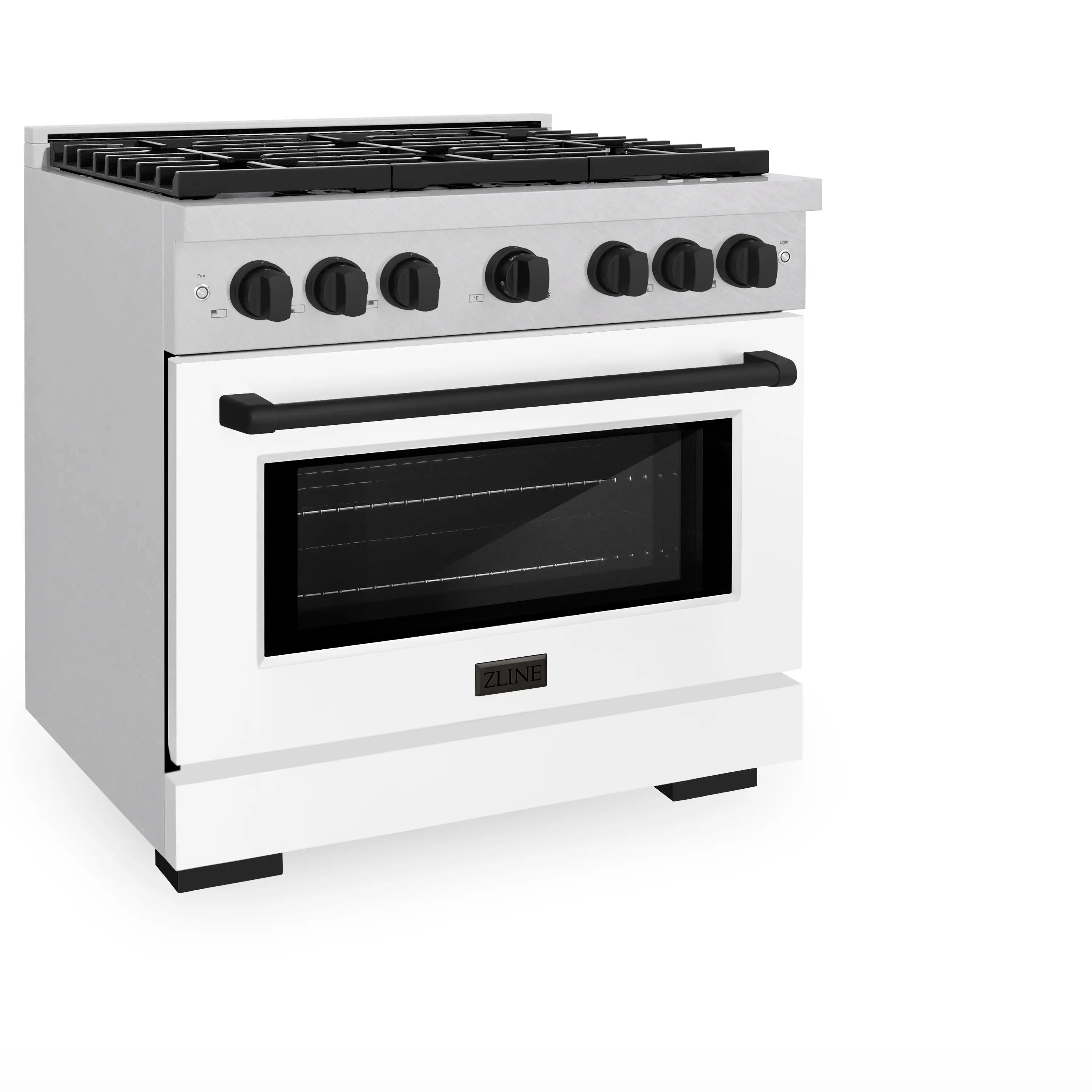 Stainless steel freestanding range with black knobs and oven viewing window