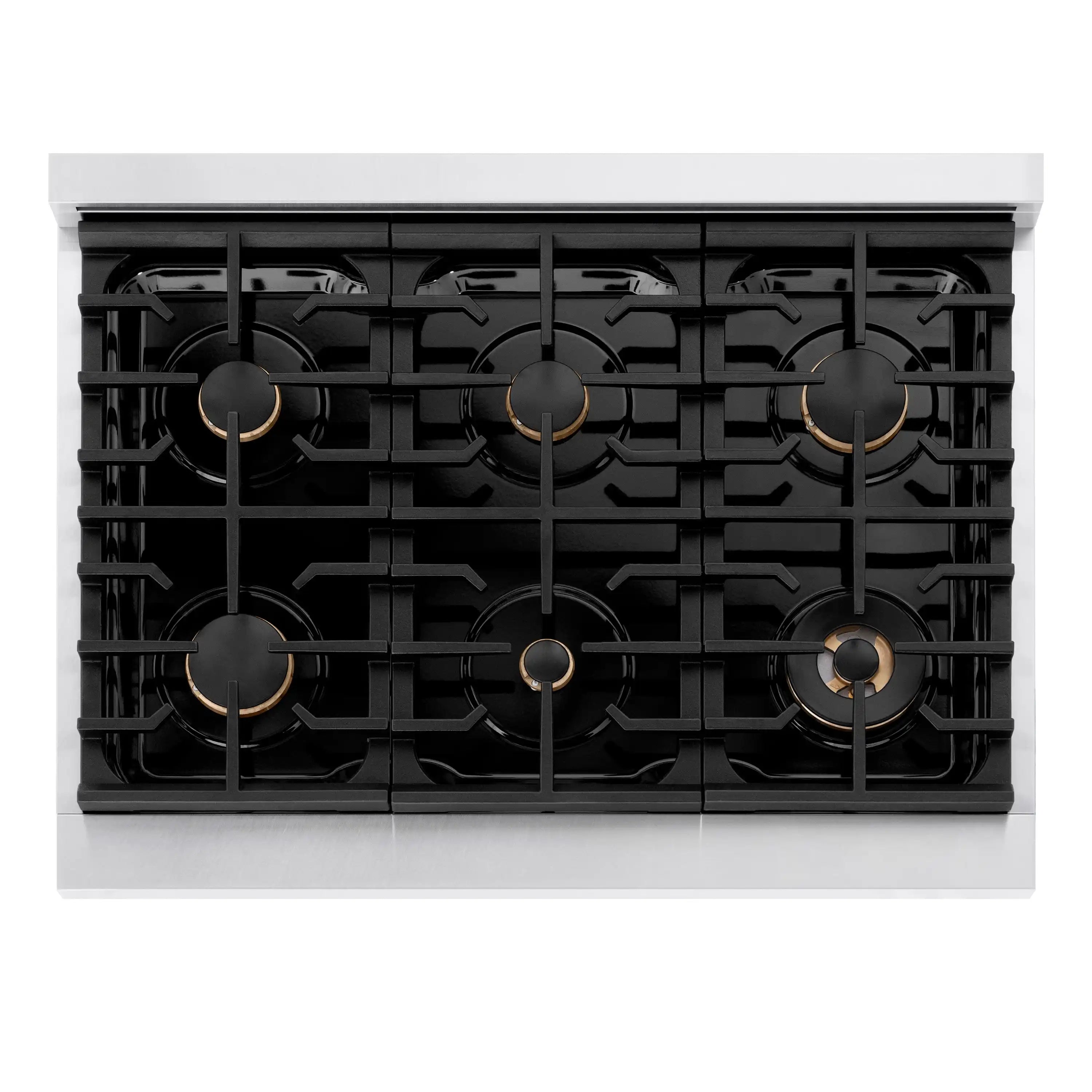 Front view of six-burner gas cooktop with black grates and brass burner caps