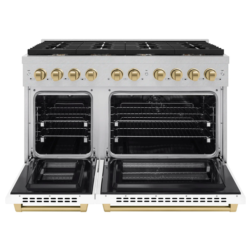 ZLINE Autograph Edition 48-Inch 6.7 cu. ft. Paramount Double Oven Dual Fuel Range with 8 Burner Gas Cooktop in DuraSnow Stainless Steel with White Matte Doors and Champagne Bronze Accents (SDRSZ-WM-48-CB)