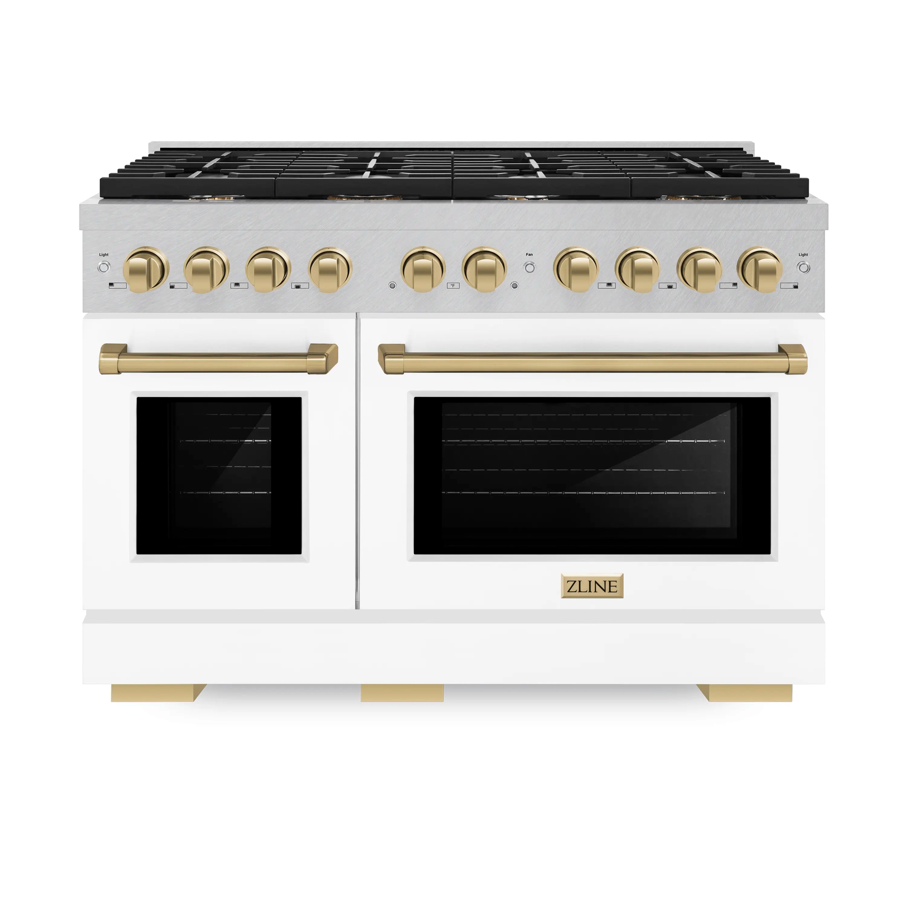 Satin stainless dual oven range with white matte doors and bronze control knobs