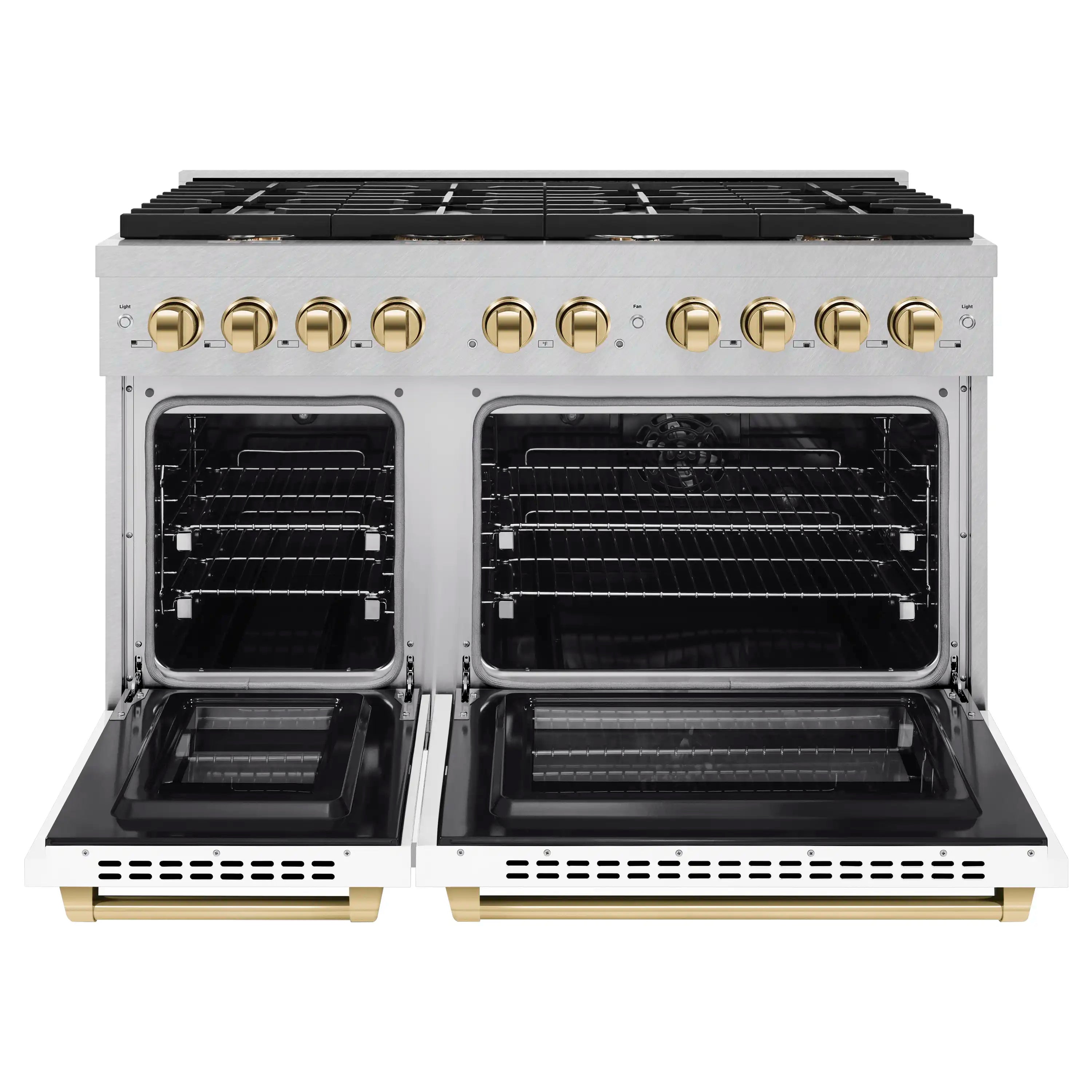 Dual-fuel range with both oven doors open, black racks inside, gold handles